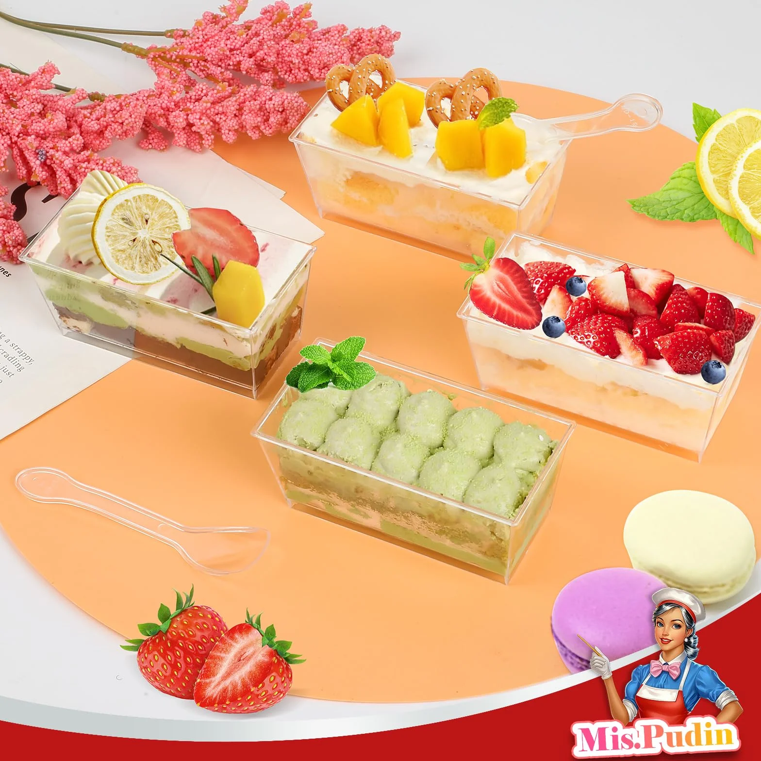 50 sztuk mini kubeczków deserowych, 160 ml prostokątne szklanki deserowe z pokrywką i łyżeczką, szklanki deserowe plastikowe wielokrotnego użytku, puddingów, musów, na przyjęcia
