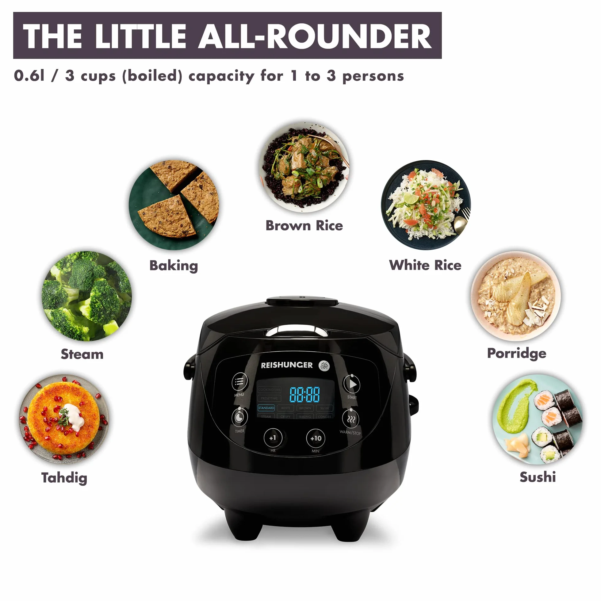 Reishunger Cyfrowy mini ryżowar i parowar w kolorze biały - Funkcja utrzymywania ciepła, minutnik & garnek premium - mały multicooker, 8 programów, 7-fazowa technologia gotowania, 1-3 osoby