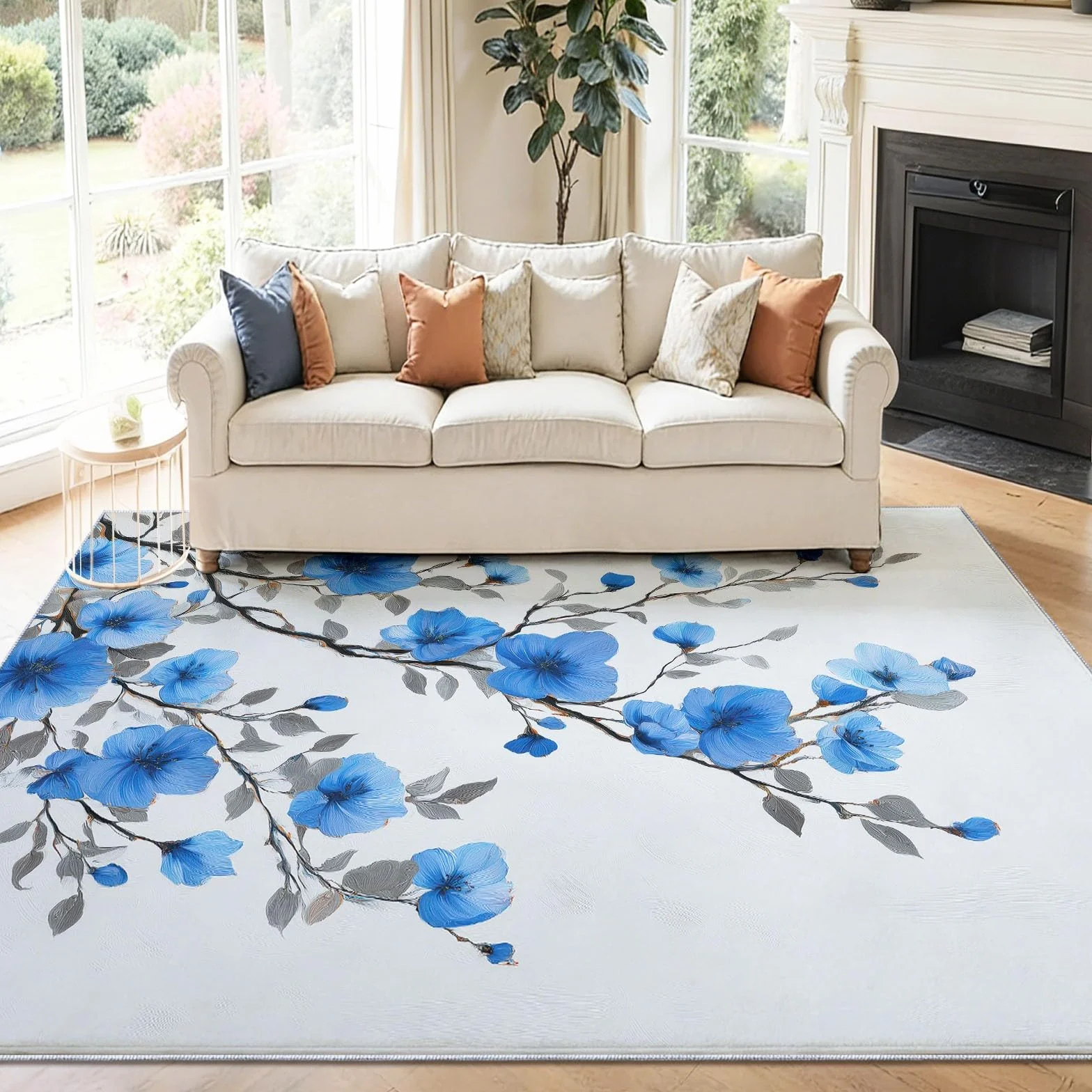 Tradycyjny dywan do salonu, 80 x 150 cm, można prać w pralce, antypoślizgowy, niebieskie gałęzie kwiatów, dywany do sypialni, jadalni, biura, odporny na plamy dywan z nadrukiem, do wewnątrz, domu