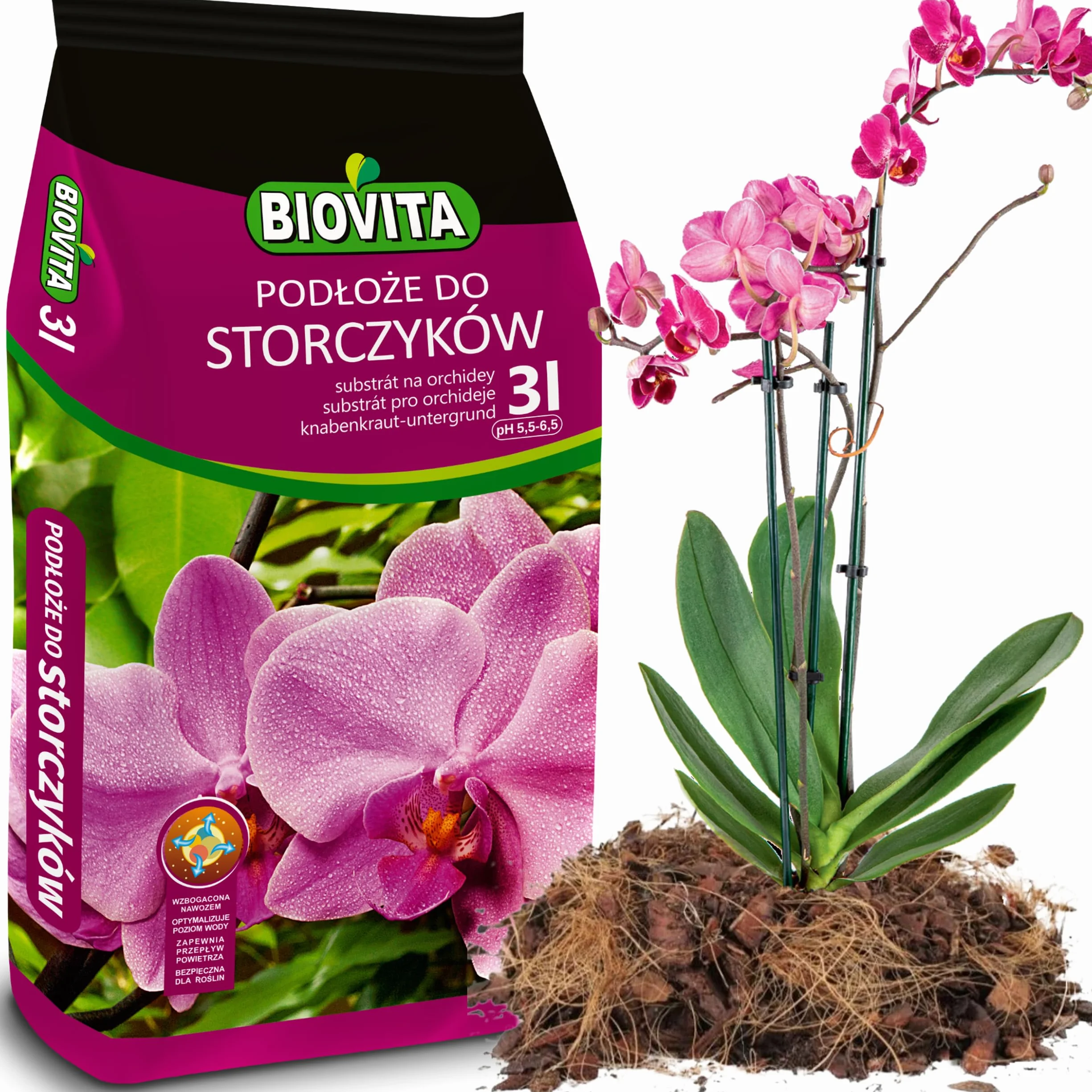 Biovita 3l Orchid Ziemia o naturalnym pochodzeniu, o lekkiej i przewiewnej strukturze, wzbogaconej nawozem