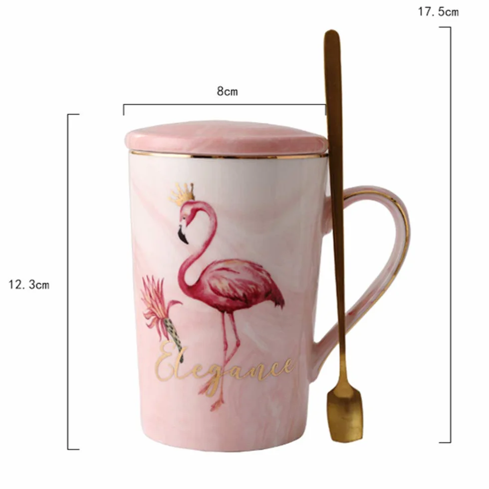 Kubek flamingowy kubek do kawy herbaty ceramiczny porcelanowy kubek z łyżką i pokrywką (flaming różowy, 400 ml)