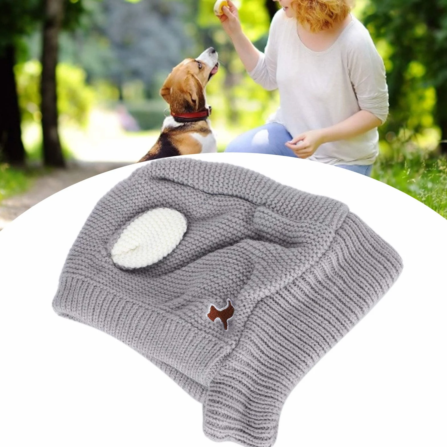 Czapka dla psa z wzorem uszu królika, dzianinowa, zimowa, dla psów 15-25 kg, szary