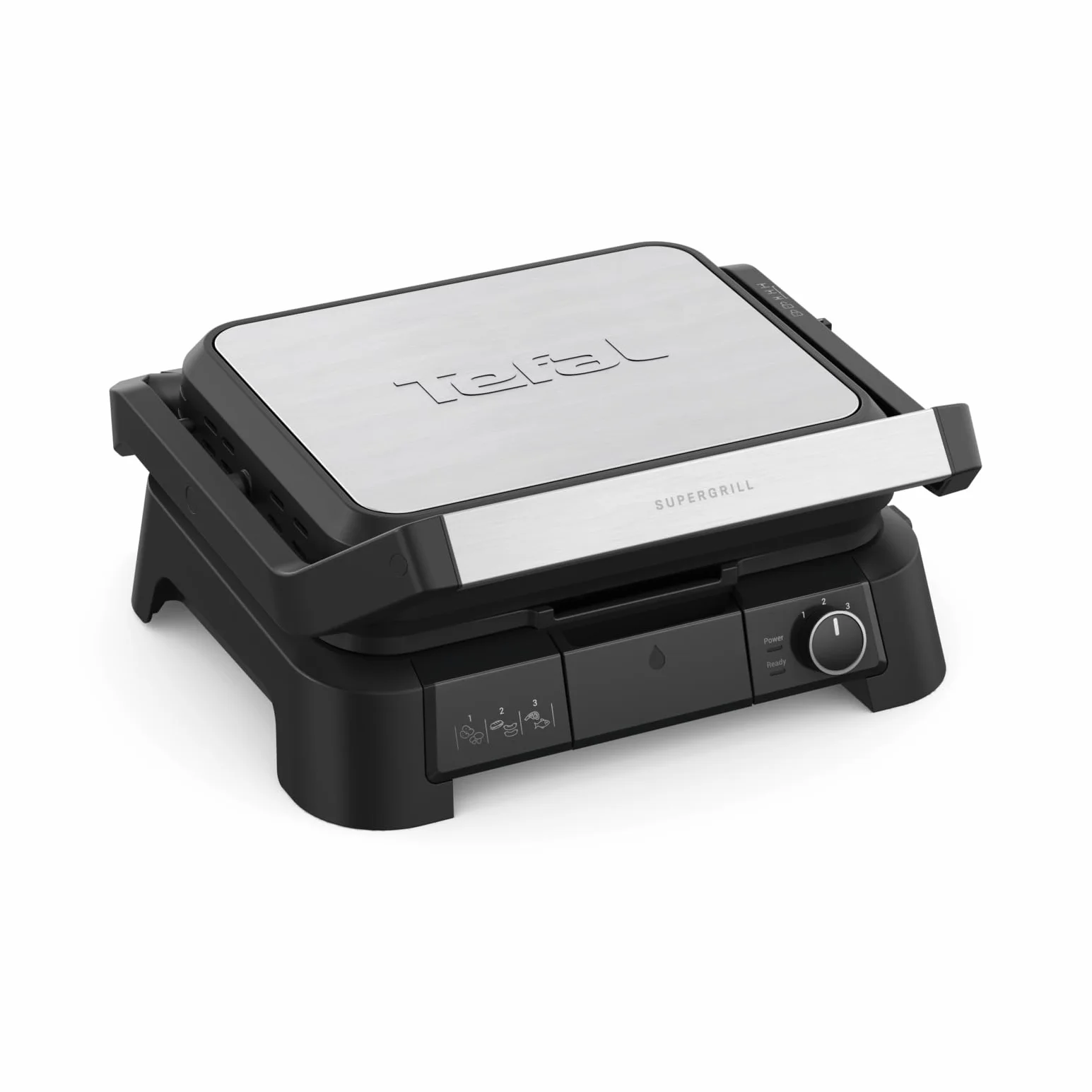 TEFAL GC510DE0 SuperGrill kontaktowy 3w1 3 wysokości, funkcja BBQ i rumienienia, powierzchnia 600 cm², regulowany termostat, 3 poziomy temperatury, powłoka nieprzywierająca, wyjmowana tacka, srebrny