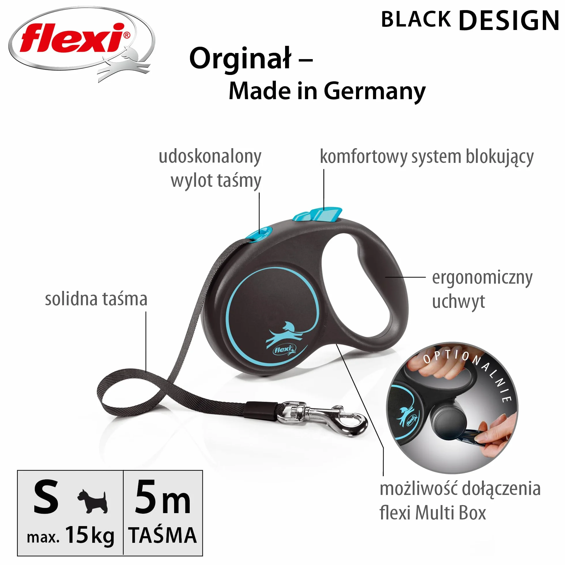 Flexi smycz automatyczna Black Design taśma S 5m niebieska