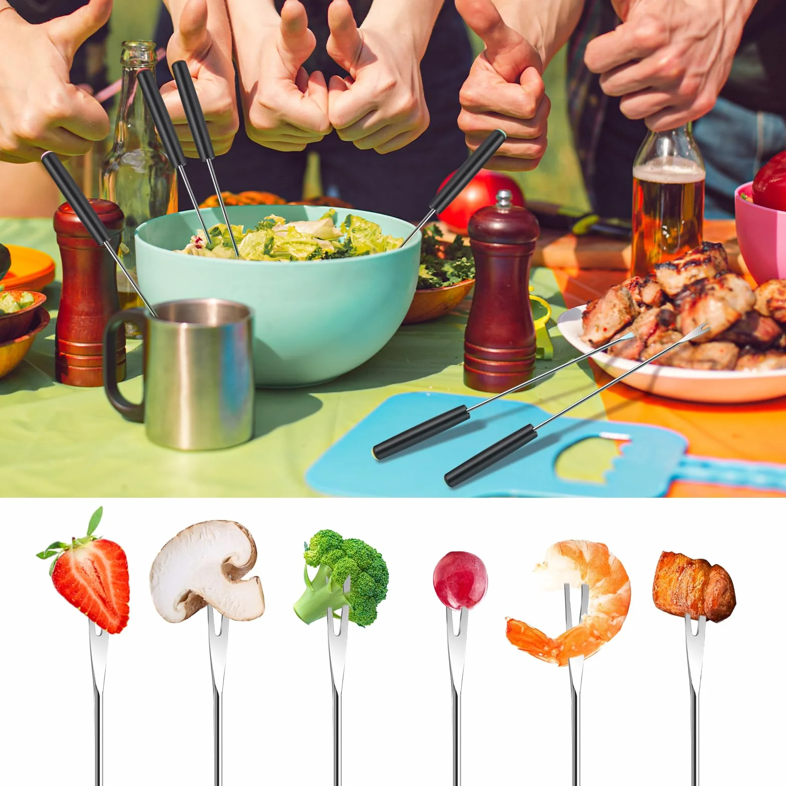 6 sztuk widelczyków do fondue ze stali nierdzewnej, 24 cm, widelce do sera z odpornym na wysokie temperatury uchwytem, widelczyki do grilla, sztućce do fondue, widelce, narzędzia kuchenne do smażenia