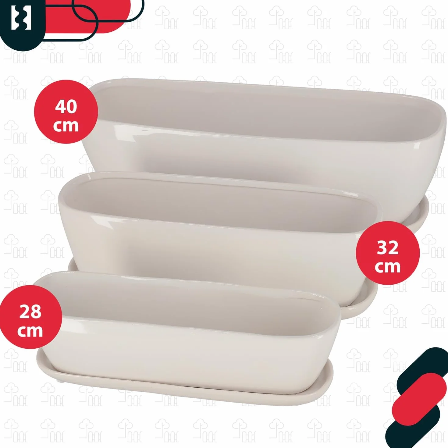 KOTARBAU® Doniczka Podłużna Rynnowa Ceramiczna Z Podstawką Biała 28 CM