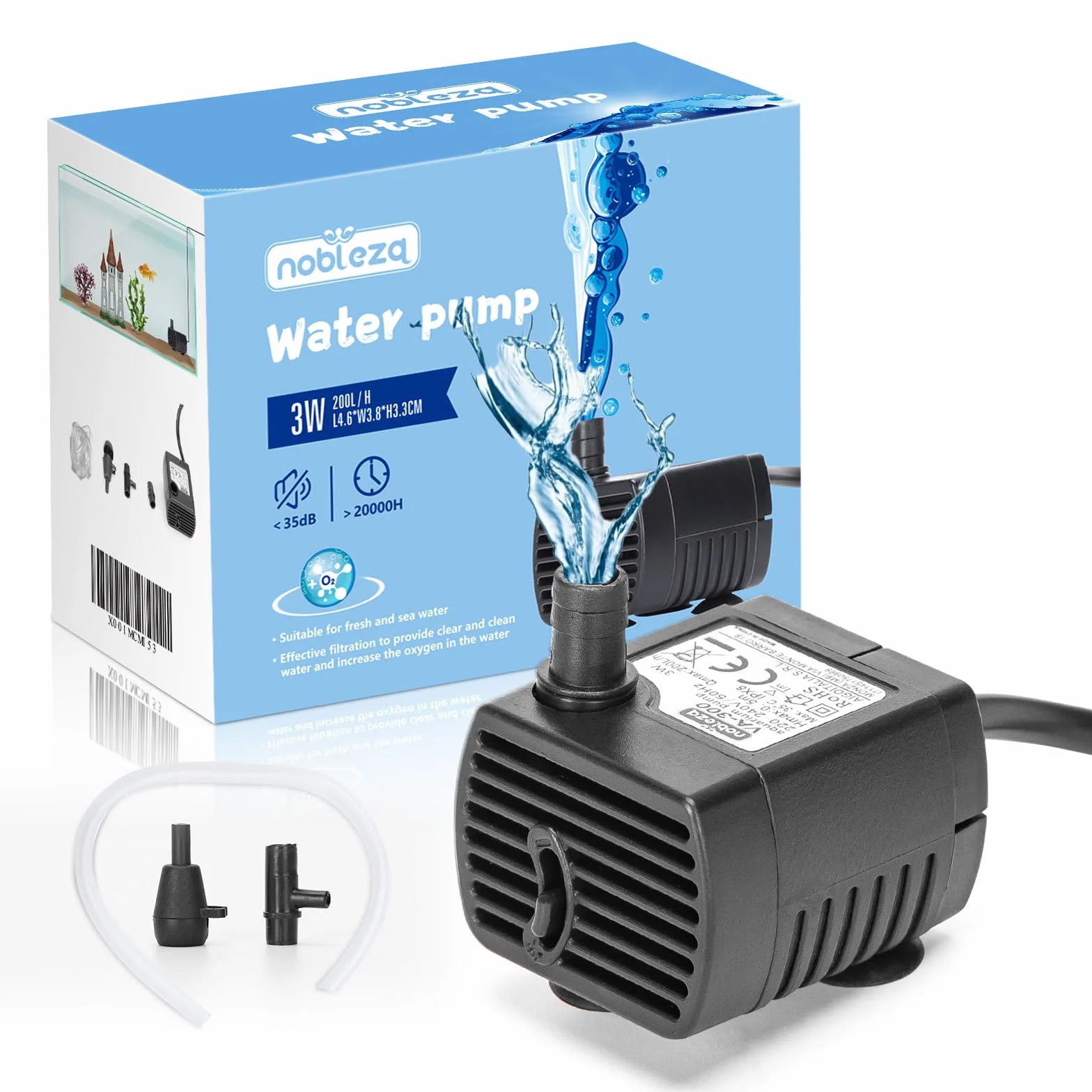 Nobleza - Mini pompy wodne (200 l/h - 3 W), ultracicha pompa akwariowa o wysokim skoku, fontannowa z kablem zasilającym 0,6 m, z 2 dyszami do akwariów, posągów
