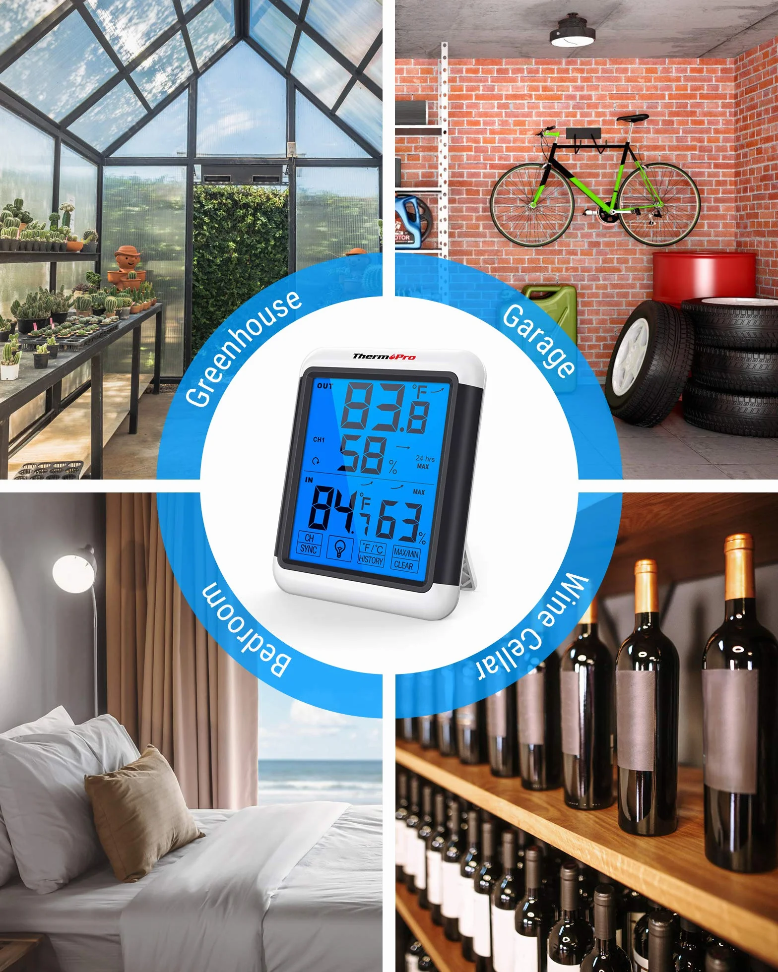 ThermoPro Termohigrometr bezprzewodowy TP65, termometr cyfrowy, higrometr, monitor klimatu, bezprzewodowa stacja pogodowa z bezprzewodowym czujnikiem zewnętrznym, maksymalny zasięg do 150m