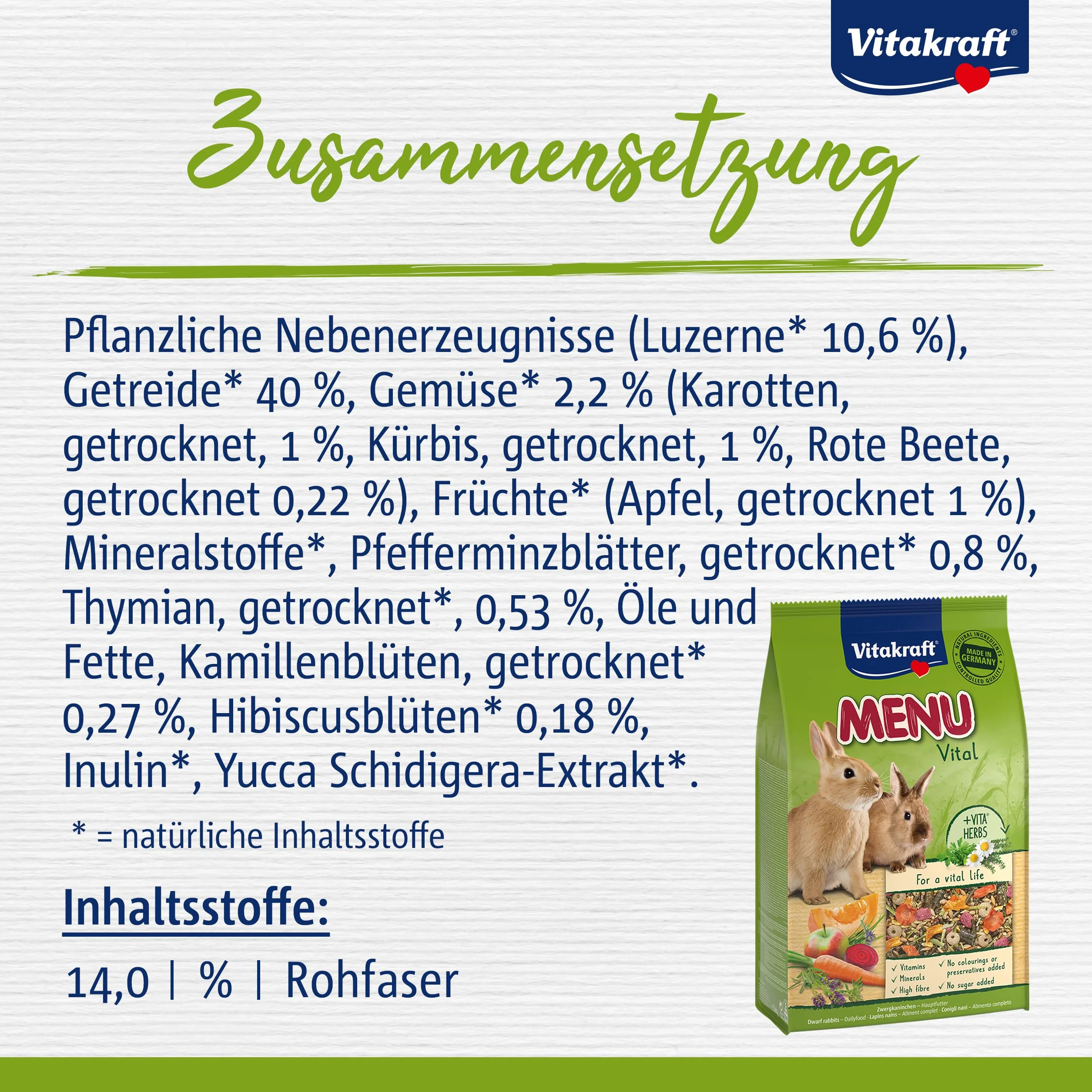 Vitakraft Menu Vital, karma dla królików miniaturowych, z lucerną, z jabłkiem, z dynią, wzbogacona ziołami, bez dodatku cukru i zbóż (1 x 3 kg)