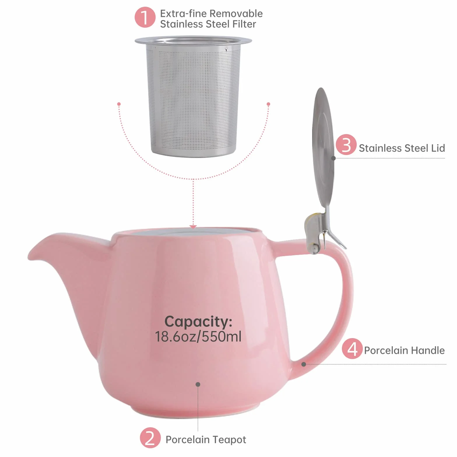 VIVILINEN Czajnik z wyjmowanym zaparzaczem i metalową pokrywką 550 ml, ceramiczny dzbanek do herbaty liściastej i herbaty luzem