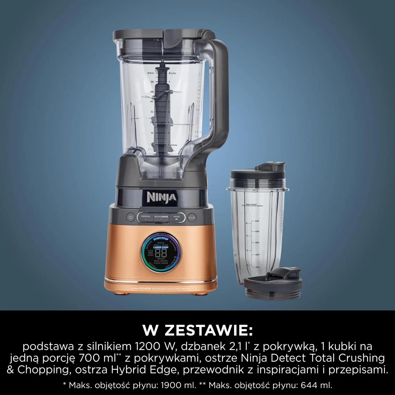 Ninja 2-in-1 Detect Power Blender Pro & Single Serve, 1200 W, dzbanek 2 l (maks.900 ml), 1 kubek 680 ml, smoothie, rozdrabnianie warzyw i miksowanie mrożonych napojów, Czarny- miedziany, TB301EUCP
