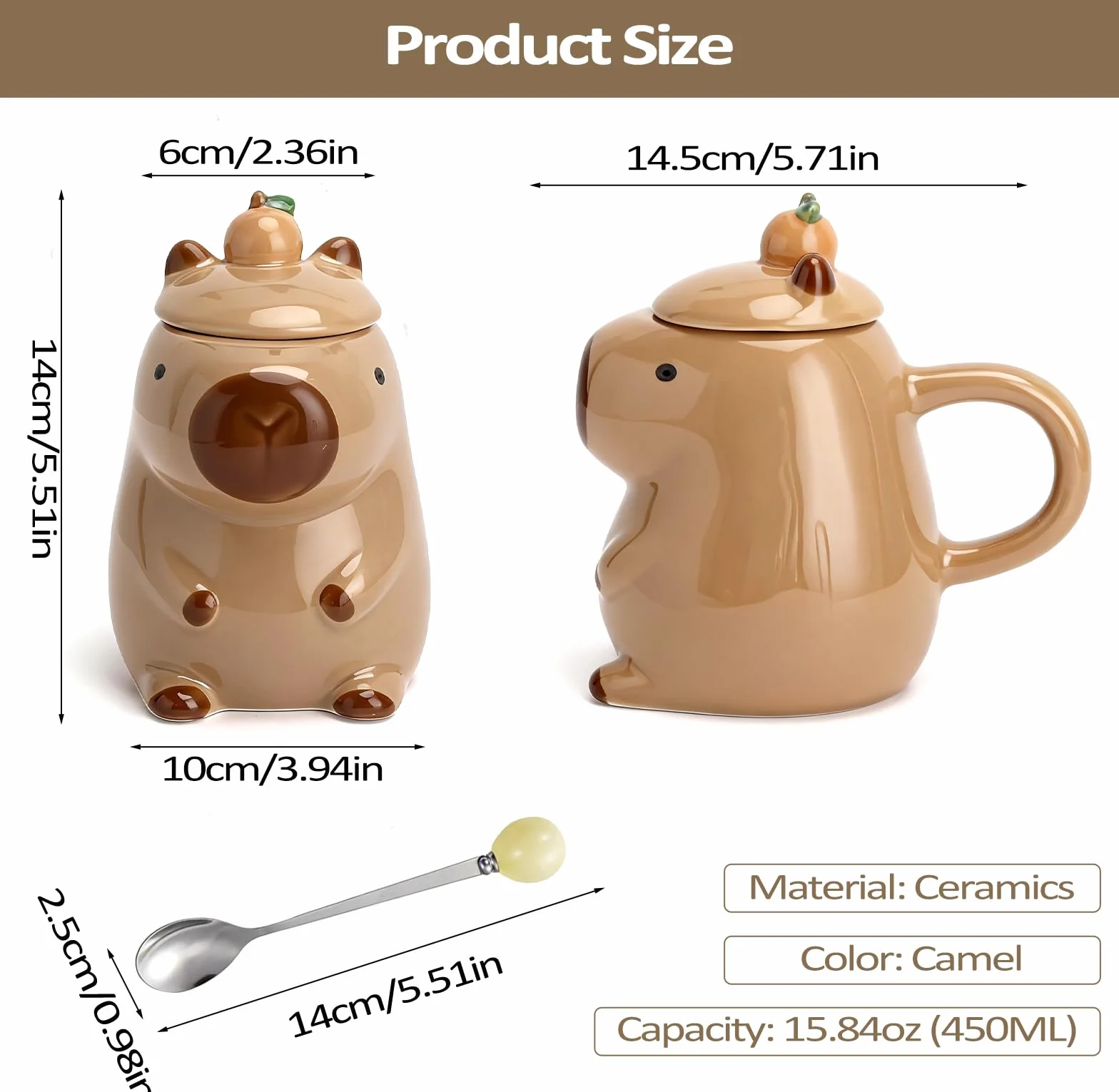 Capybara Filiżanka ceramiczna 450 ml – słodka świnka wodna, filiżanka do kawy z łyżeczką, duży kubek Capybara do kawy i herbaty, uroczy kubek ze zwierzętami do biura, pomysł na prezent dla
