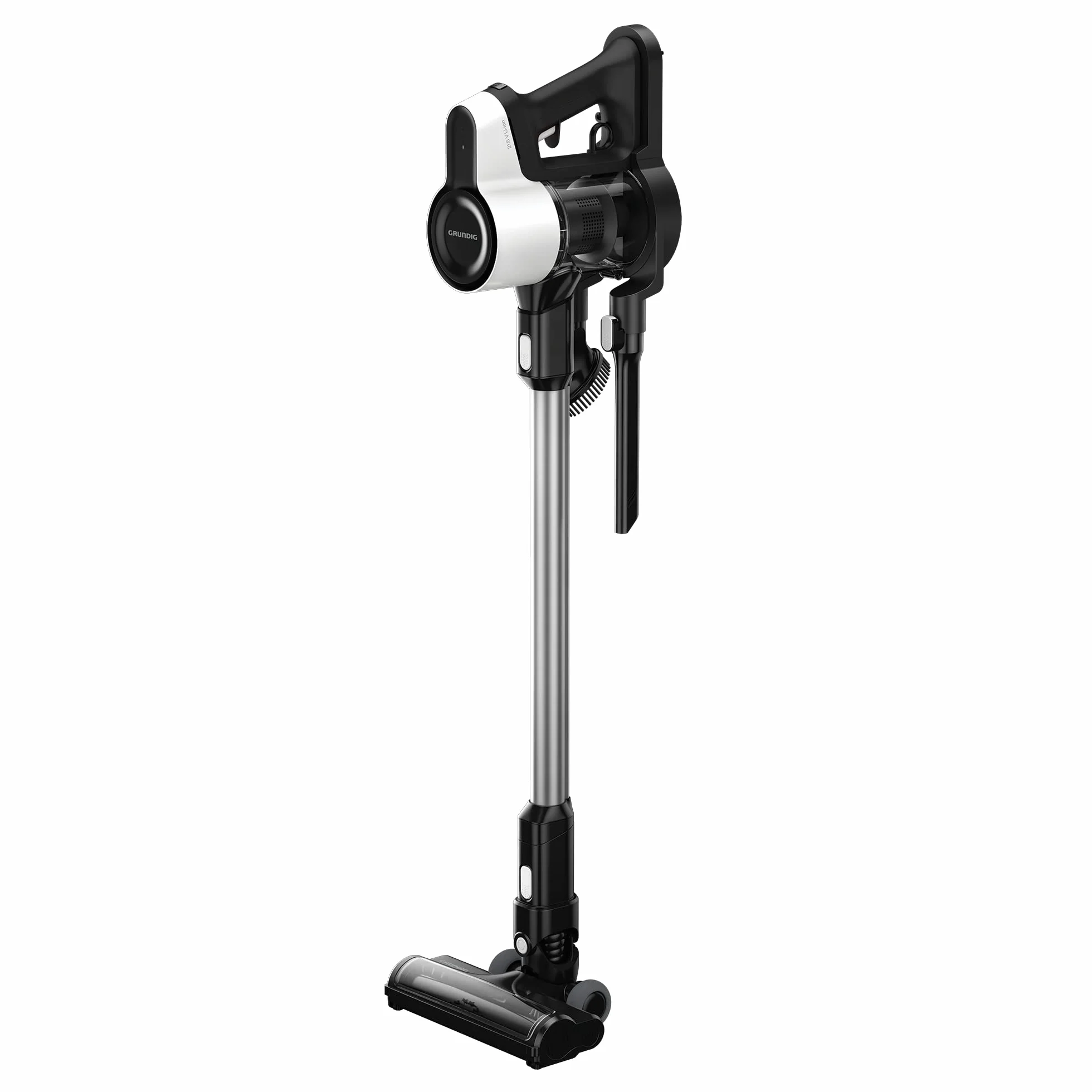 GRUNDIG VCP 4130 odkurzacz akumulatorowy 2 w 1, 2 poziomy siły ssania, silnik 110 W, akumulator litowo-jonowy 21, 6 V, pojemność 550 ml, czas pracy do 45 minut, 80 decybeli, biały/czarny