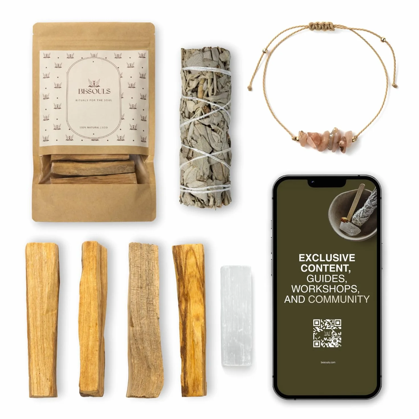 Zestaw do oczyszczania energetycznego: 4 Palo Santo, 1 biała szałwia, bransoletka jako prezent + selenit (cyfrowa zawartość QR) – naturalne i idealne do medytacji, jogi, rytuałów duchowych