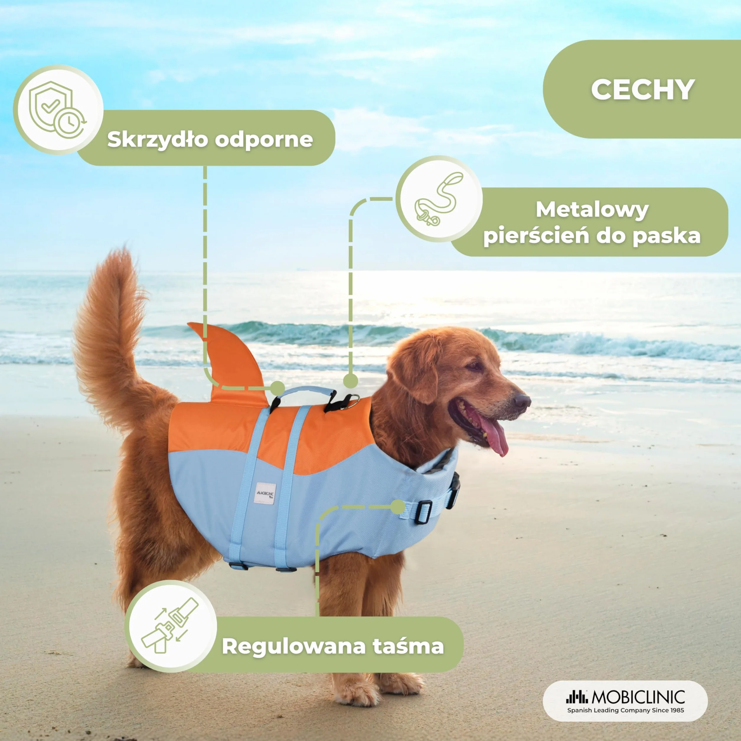 Mobiclinic®, Kamizelka Ratunkowa dla Psa, Konstrukcja Płetwy Rekina, Uchwyt Ratunkowy, Regulowane Szelki, Kółko do Smyczy, Wysoka Wyporność i Widoczność, Sharky, Lekkość, Pływanie, Surfing, Żeglarstwo