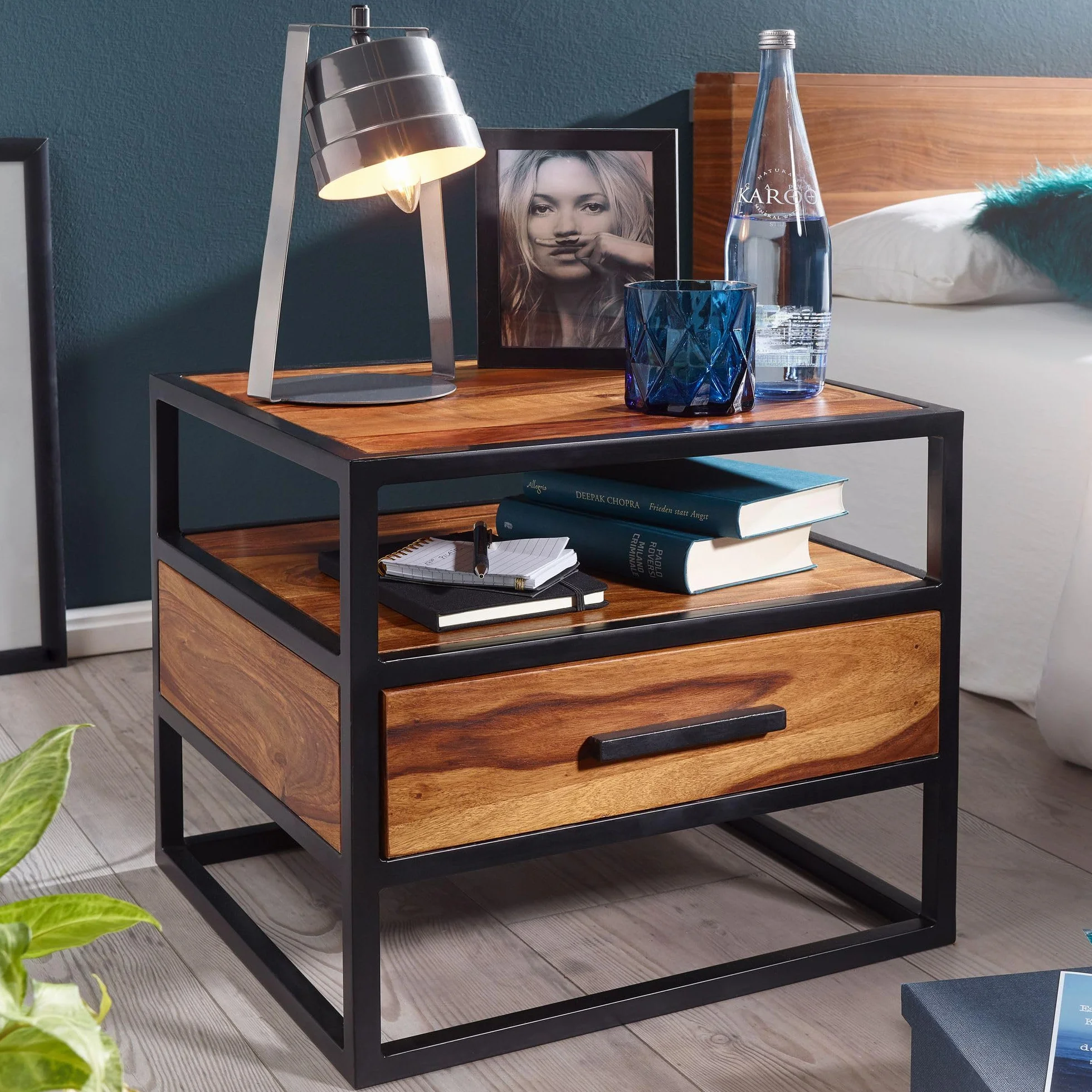FineBuy Szafka Nocna 50x45x45 cm Lite Drewno Sheesham z Szufladą, Stal | konsola nocna industrialna ze stalowym stelażem i półką do łóżka kontynentalnego, szafka nocna ręcznie wykonana