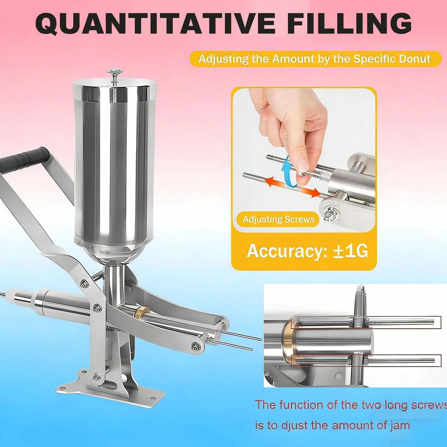 Ręczna maszyna do napełniania pączków, dozownik dżemu ze stali nierdzewnej, wypełniacz pasty z lejkiem 5 l, 4 dysze i dokładność napełniania, ± 1 g, do piekarni, kuchni, kawiarni, sklepu z deserami
