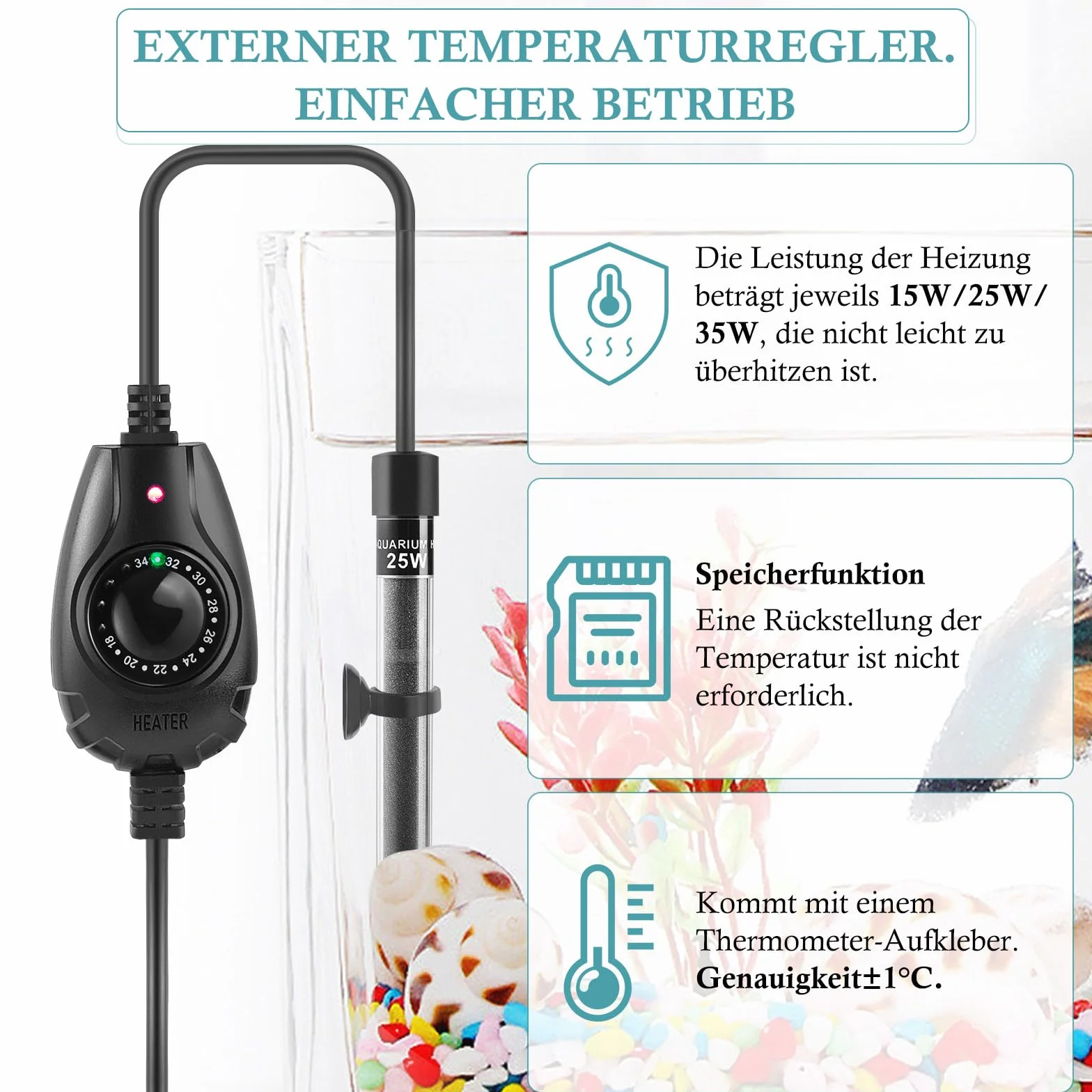 FEDOUR Mini grzałka do akwarium 15W/25W/35W Zanurzalna 1-30L z zewnętrznym regulatorem temperatury