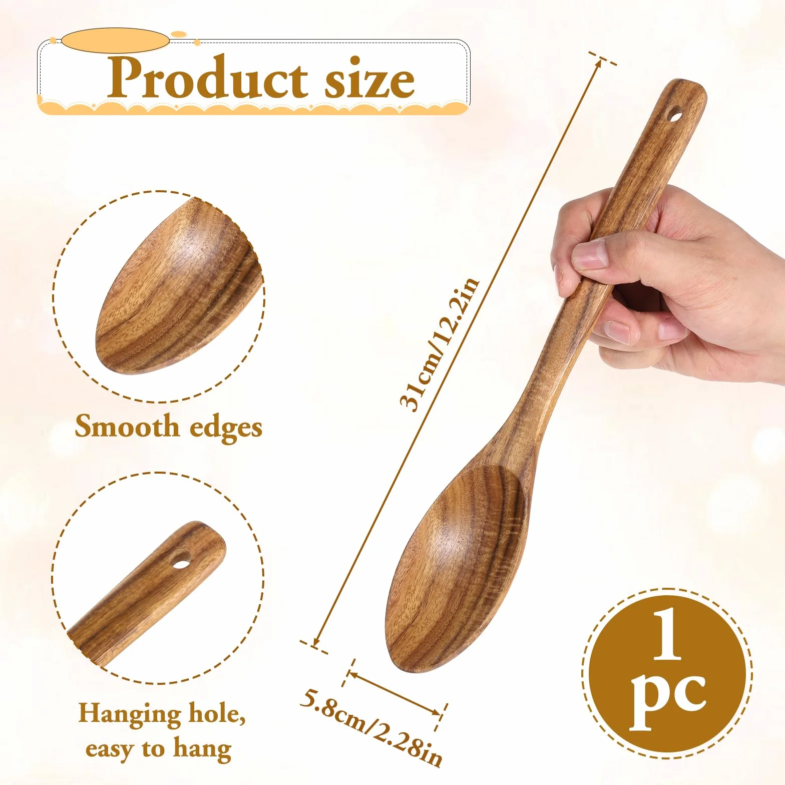 Łyżka kuchenna z drewna, 30 cm, łyżka do mieszania, łyżka, łopatka do patelni, drewniana łyżka do smażenia, sztućce kuchenne, długi uchwyt, drewniana łyżka do przyborów kuchennych, do gotowania