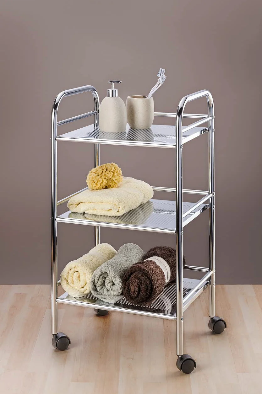 WENKO 12285100 Ekskluzywny wózek do użytku domowego i łazienkowego – mobilny stojak łazienkowy, 3 półki, stal, 41 x 75 x 32 cm, chrom