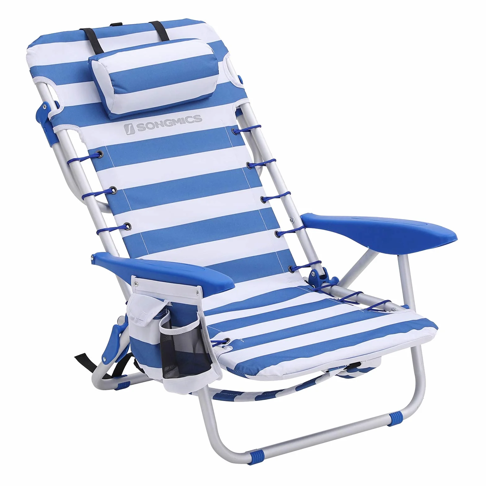 SONGMICS Krzesło plażowe z poduszką, aluminium, przenośne krzesło składane, krzesło kempingowe, składane i regulowane, jak plecak, krzesło outdoorowe, niebiesko-białe paski, GCB62BU