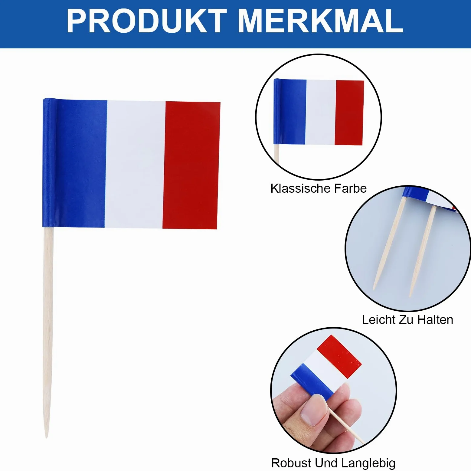 120 sztuk wykałaczek z flagą Francji, dekoracyjne wykałaczki, drewniane flagi do koktajli, do ciast, ciastek, muffinek, lodów, owoców