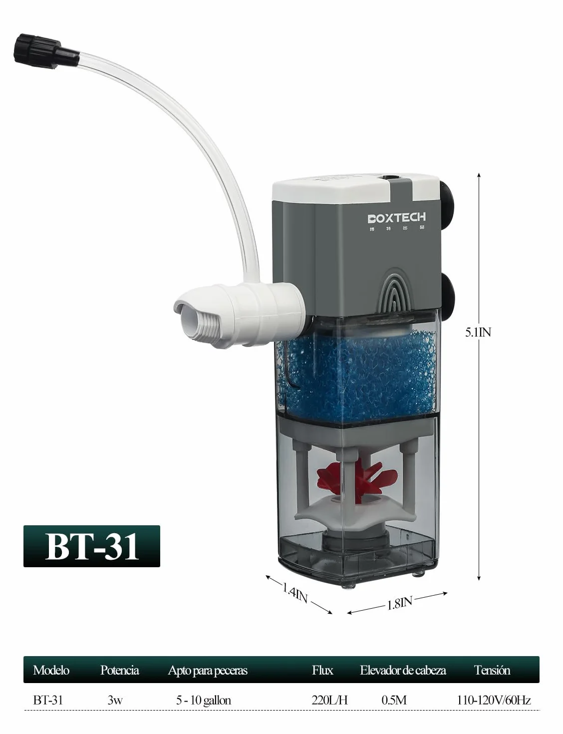 boxtech Wewnętrzny filtr akwariowy 3 W, filtr do akwarium 4 w 1 Ultra cichy filtr gąbkowy regulowany filtr gąbkowy, przepływ 220 l/h, odpowiedni dla 5-65 litrów