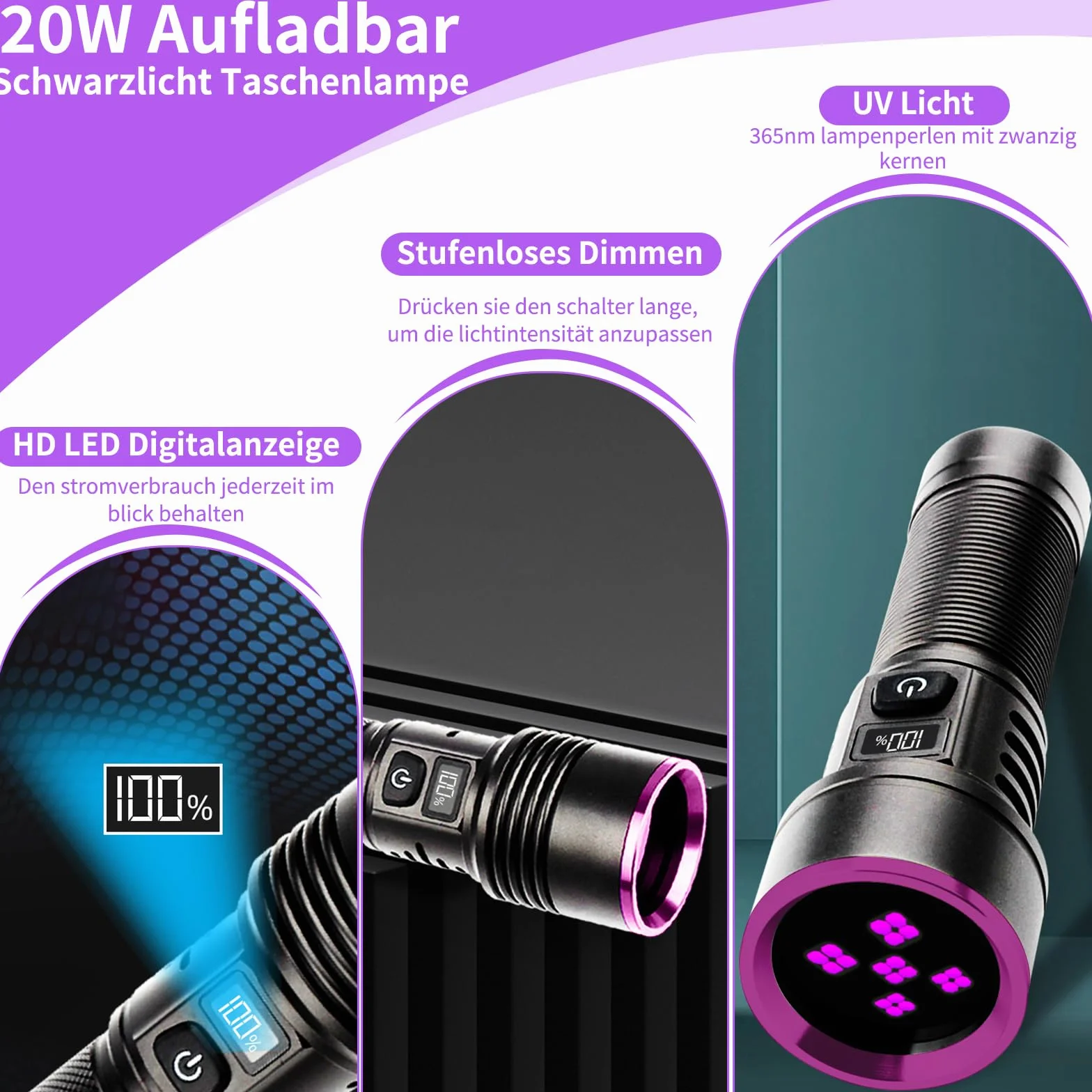 Latarka UV, 20 W, czarne światło, 365 nm, wodoszczelna latarka LED, ładowana, 5000 mAh, światło UV, do wykrywania moczu zwierząt domowych, bursztynu, skorpiona, minerałów, podróży, nad łóżkiem