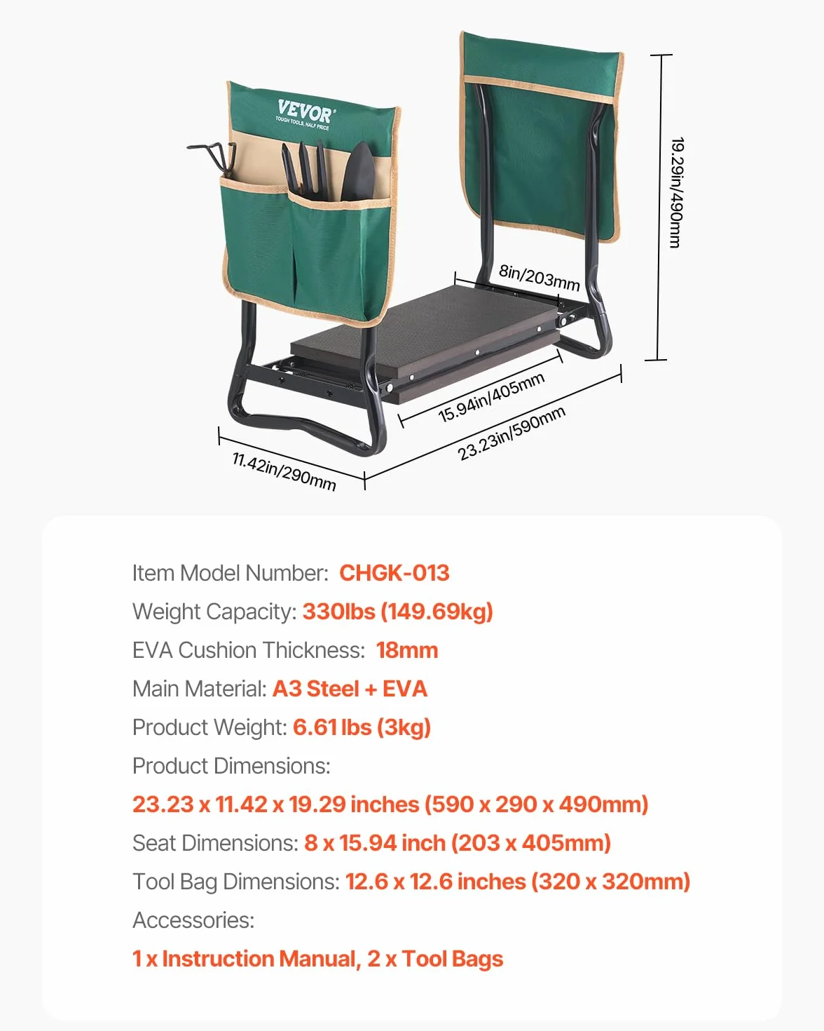 VEVOR Siedzisko ogrodowe i klęcznik, nośność 150 kg, szeroka podkładka EVA 20 cm, składany stołek ogrodowy, ławka do klęczania do ogrodu, z torbą na narzędzia, prezenty dla kobiet, dziadków, seniorów,