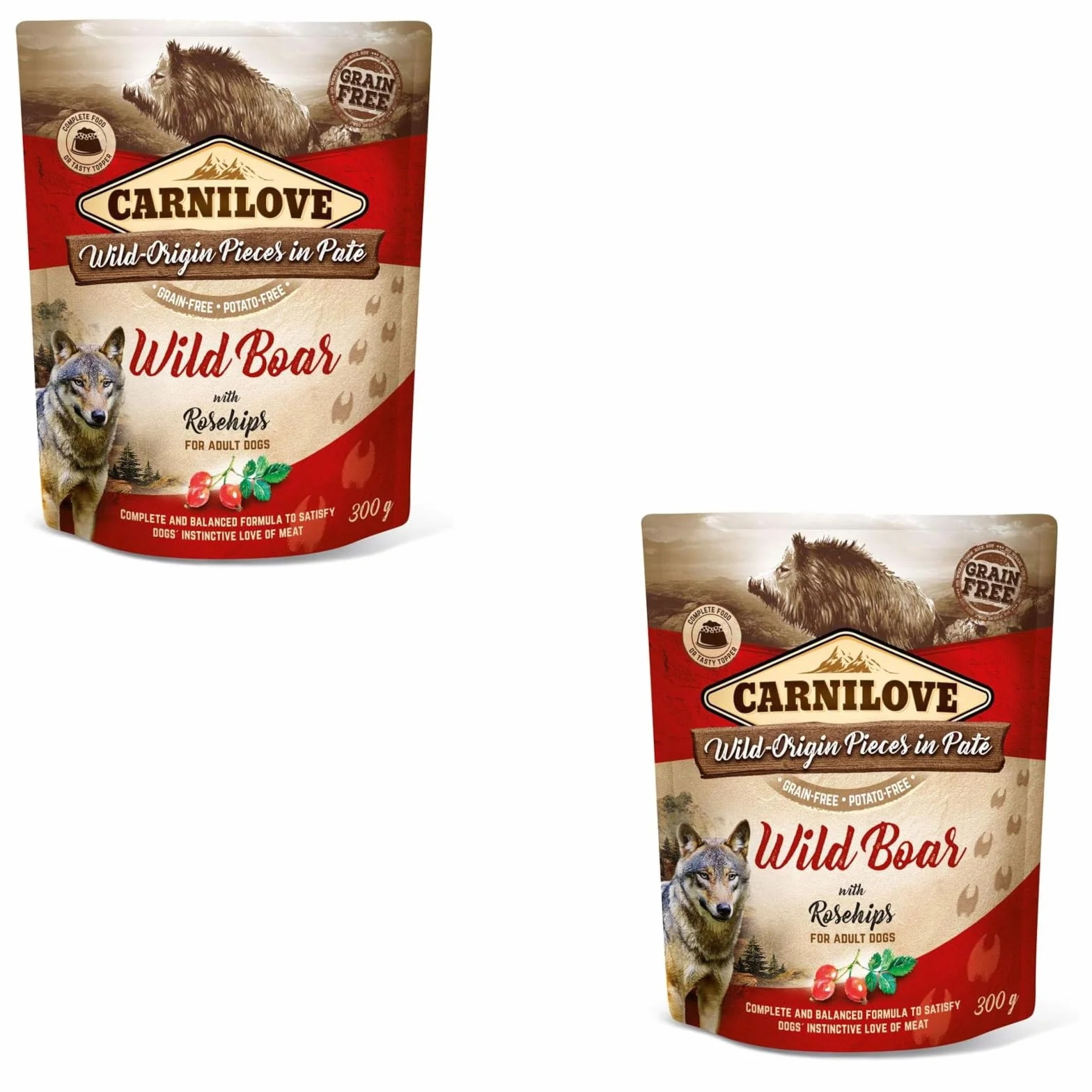 Carnilove Wild Boar with Rosehip | dwupak | 2 x 300 g | mokra karma dla dorosłych psów | dzik z dziką różą | bez zbóż | 85% mięsa i podrobów