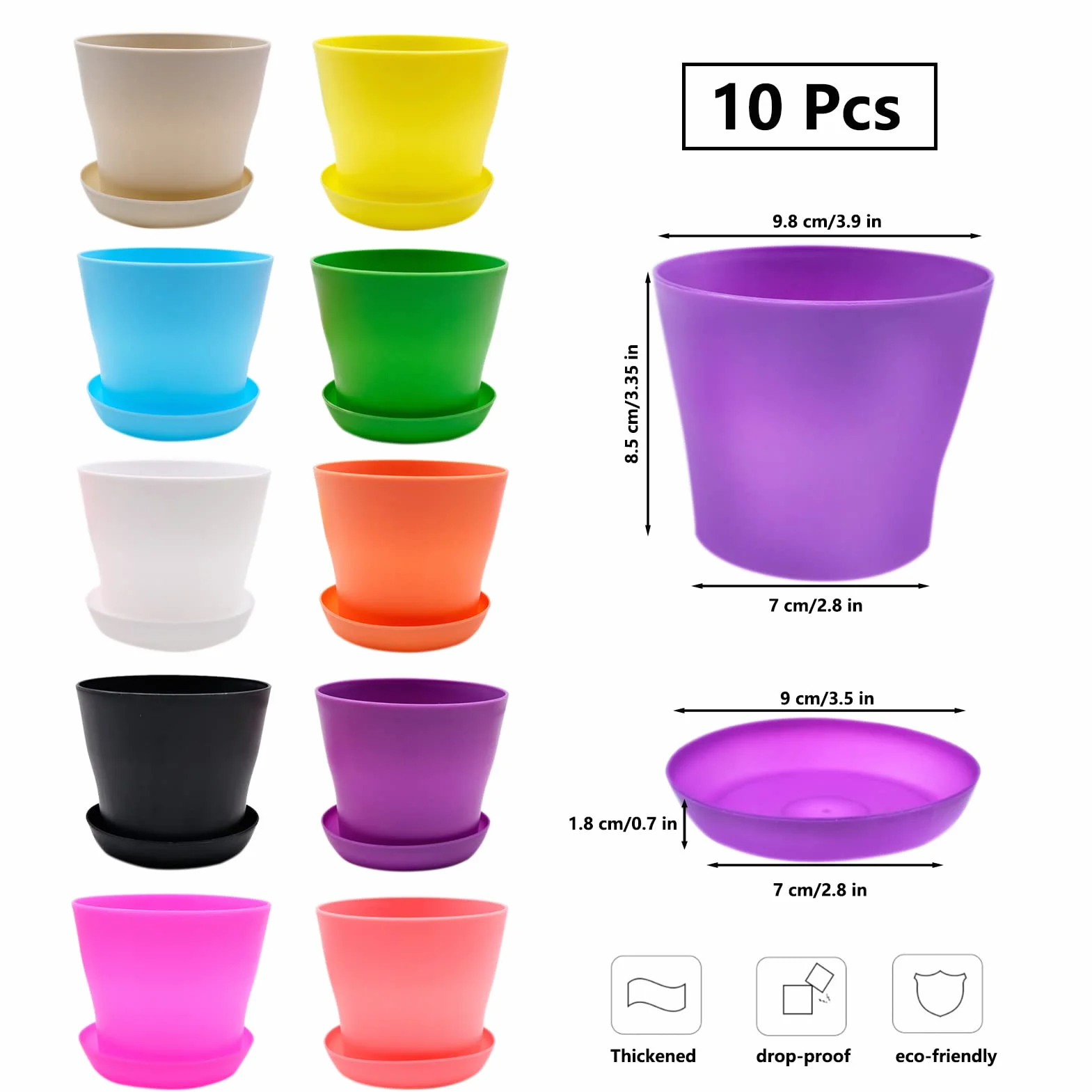 10 sztuk plastikowych doniczek do sadzonek, 10 cm, z otworem, z podstawką, 10 kolorów, plastikowe doniczki do ogrodu
