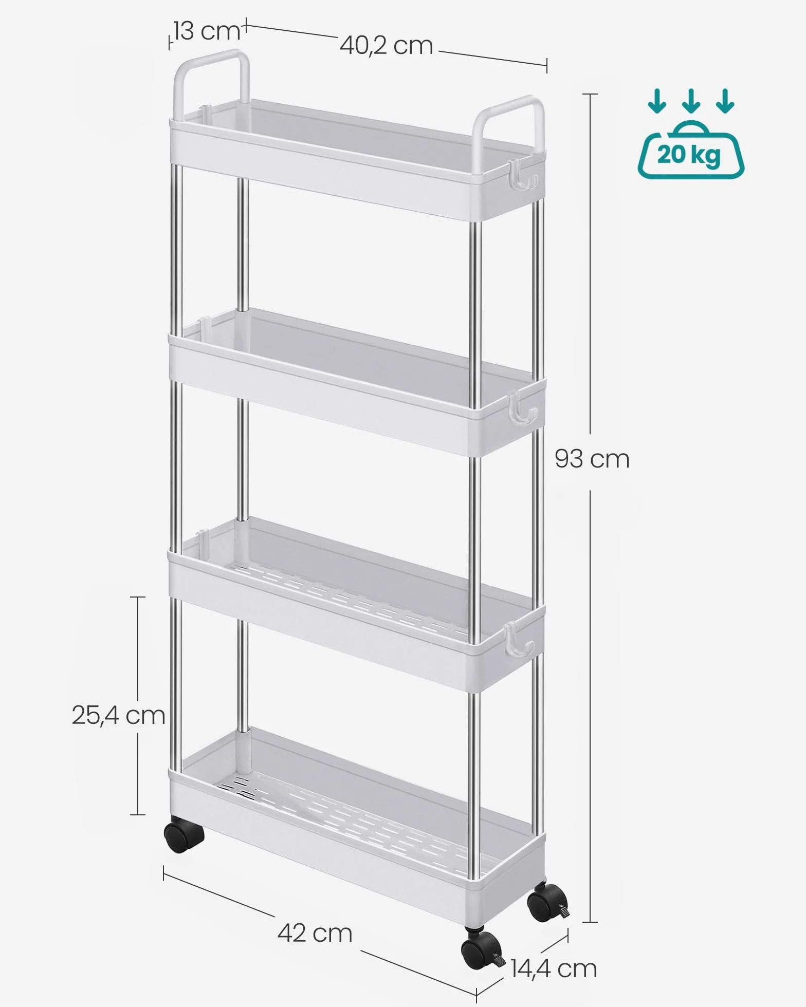 SONGMICS Wózek na kółkach, Wózek kuchenny z 4 poziomami, uchwytami, półką kuchenną na kółkach, 14,4 x 42 x 93 cm, biały KSC018W01