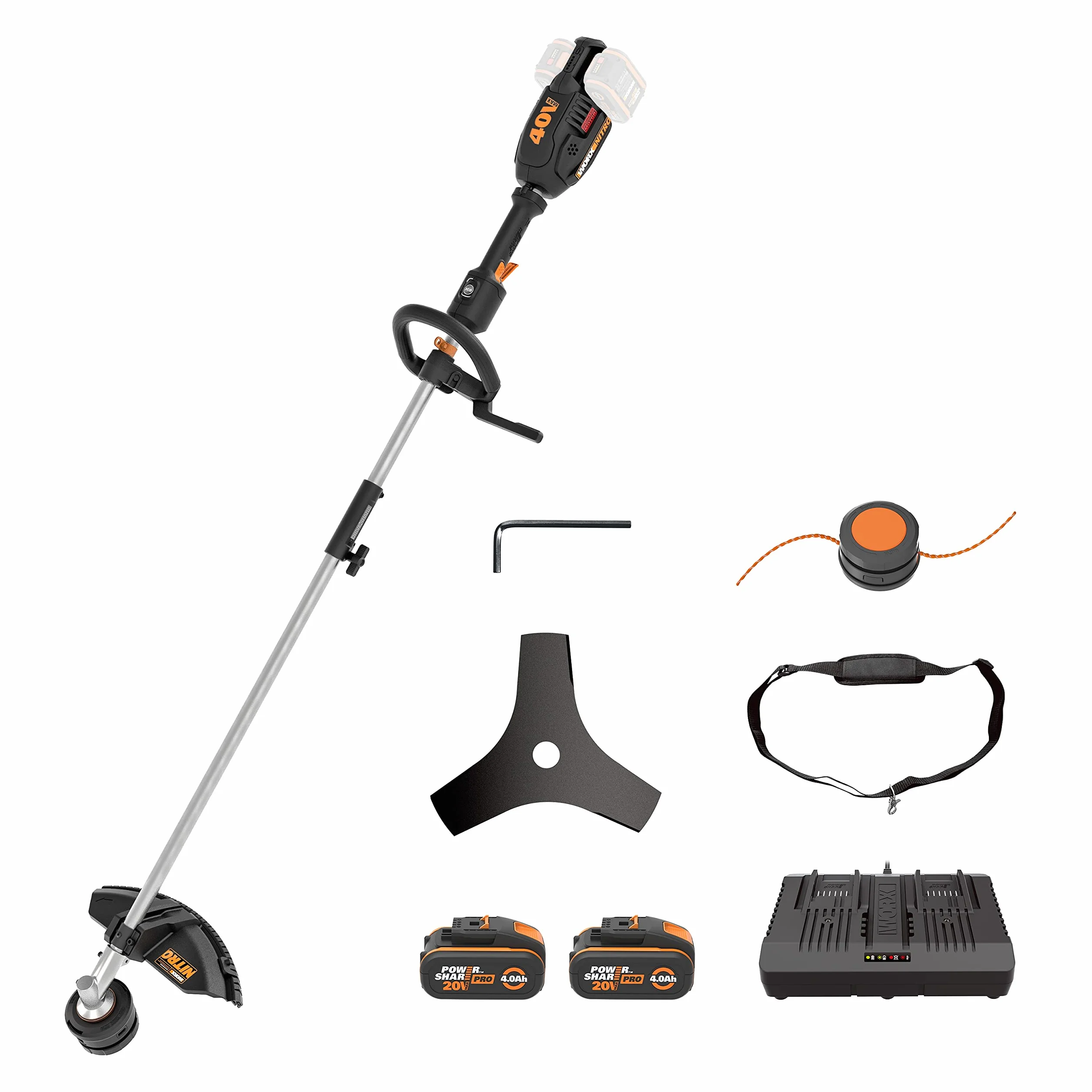 WORX Przecinarka do trawy i podkaszarka Nitro 38 cm 40 V (2x20V) | PowerShare | Silnik bezszczotkowy | WG186E.1-2 akumulatory 4Ah | Ładowarka | 2 w 1 | Podwójny gwint
