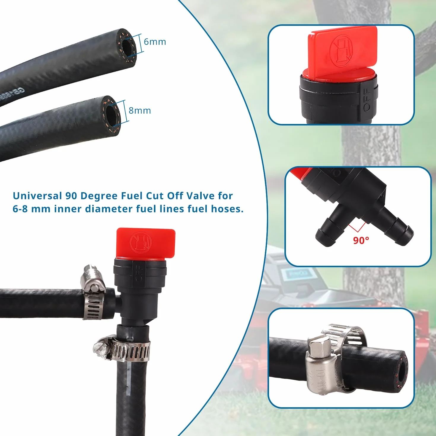 VooGenzek 2 Sztuk Zawór Odcinający Paliwo 1/4 Cala 90 Stopni, 6-8 mm Plastikowy Zawór Paliwa, z 4 Sztuk Zacisków Węży, do Kosiarek