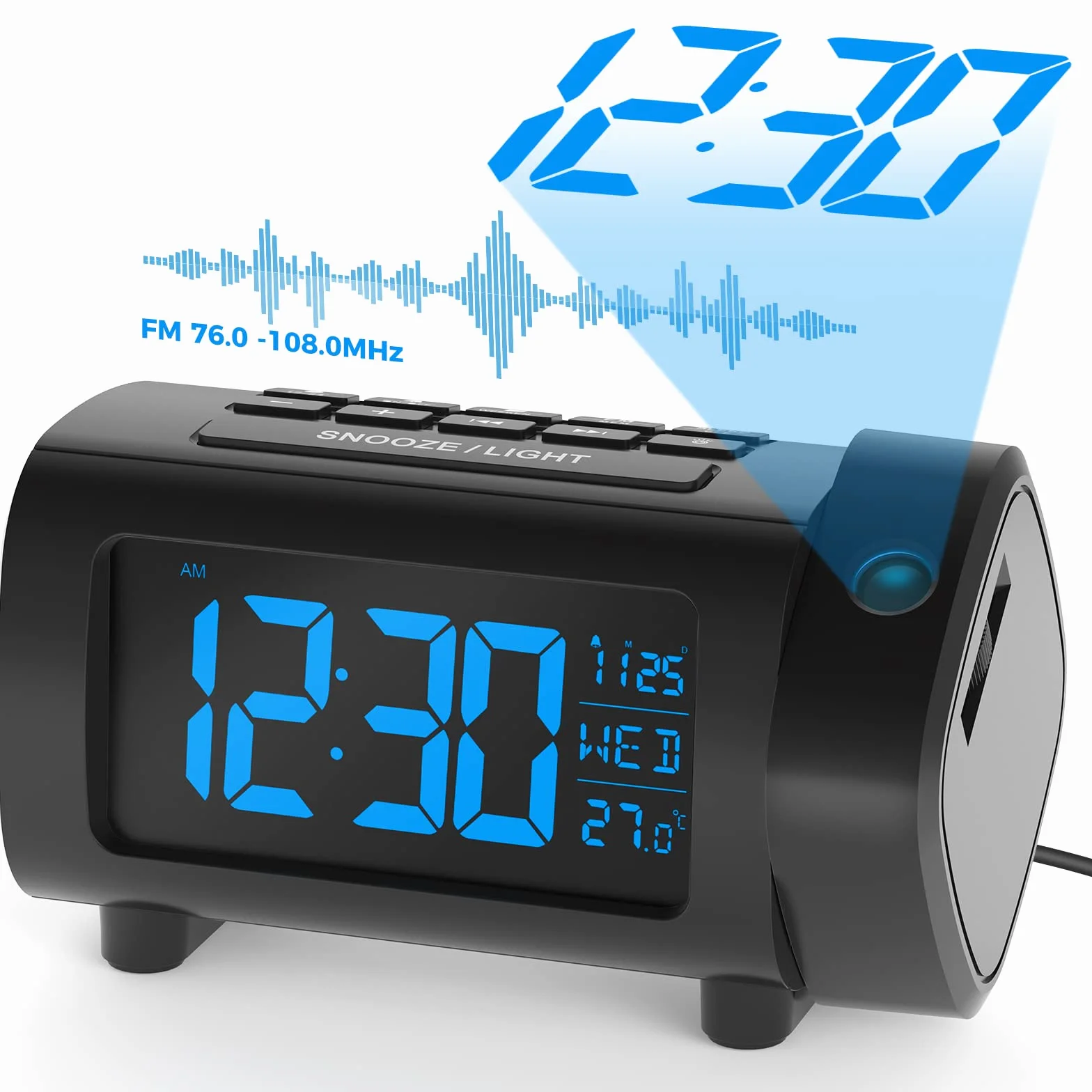 LIORQUE cyfrowy budzik z projektorem, automatyczne wyłączanie, temperatura, radio FM, złącze USB, 2-kolorowe cyfry i 4-stopniowa jasność, tryb weekendowy, funkcja drzemki (czarny)