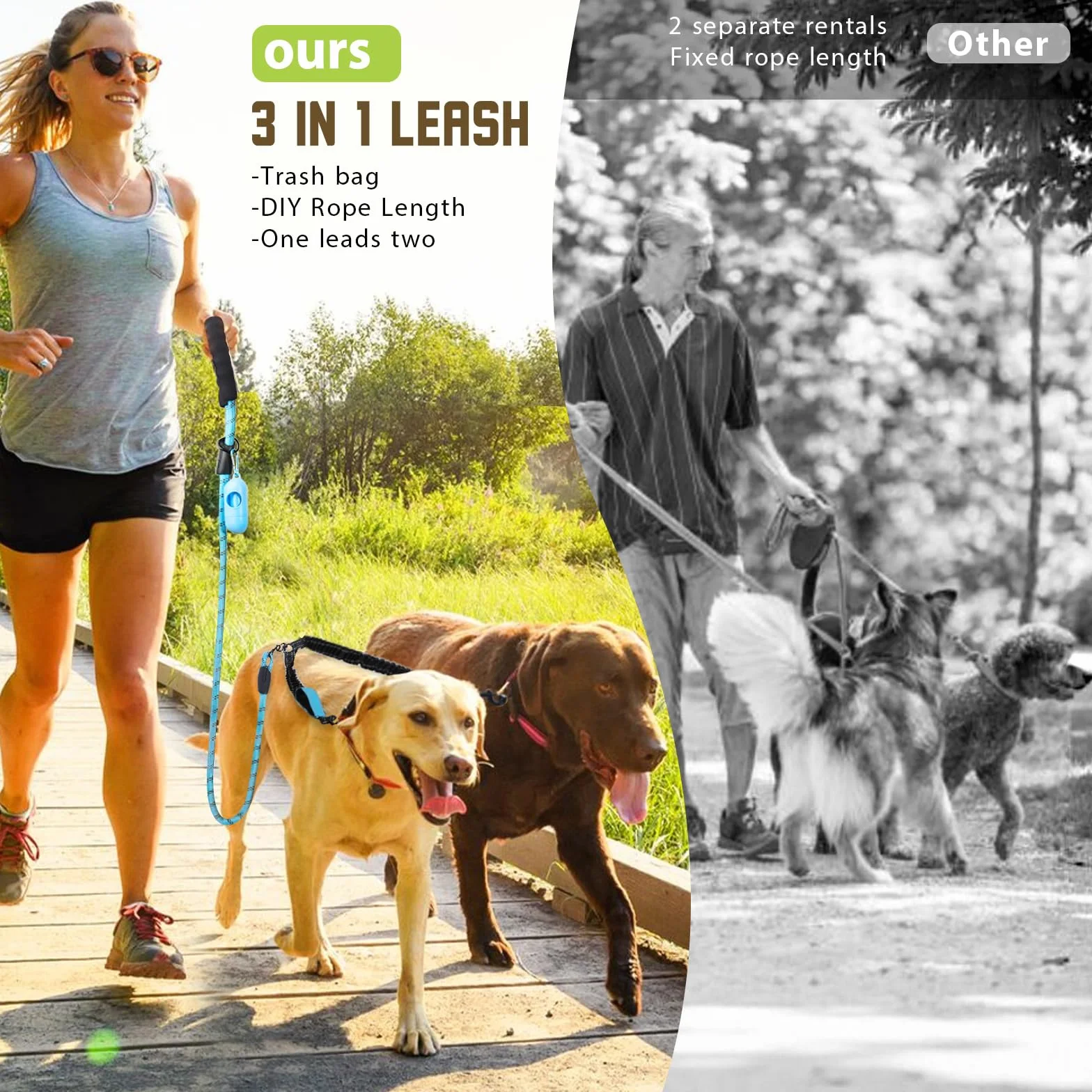 Podwójna smycz dla psa do wyprowadzania 2 psów, bez plątania, odblaskowa smycz bungee z obrotem o 360°, dwa wyściełane uchwyty i worki na odpady do spacerów i transportu