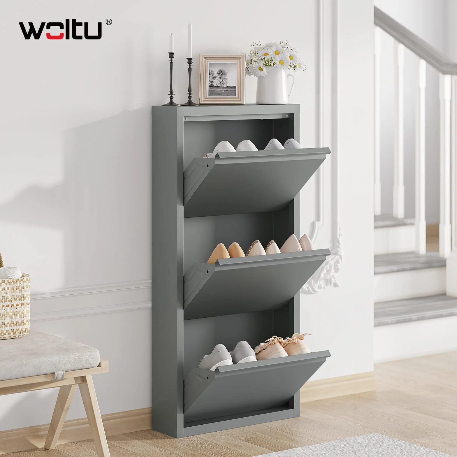 WOLTU Szafka na buty z 3 klapkami, regał na buty, uchylny, na 9 par, z metalu, do korytarza i salonu, 50 x 106 x 15 cm, jasnoszara