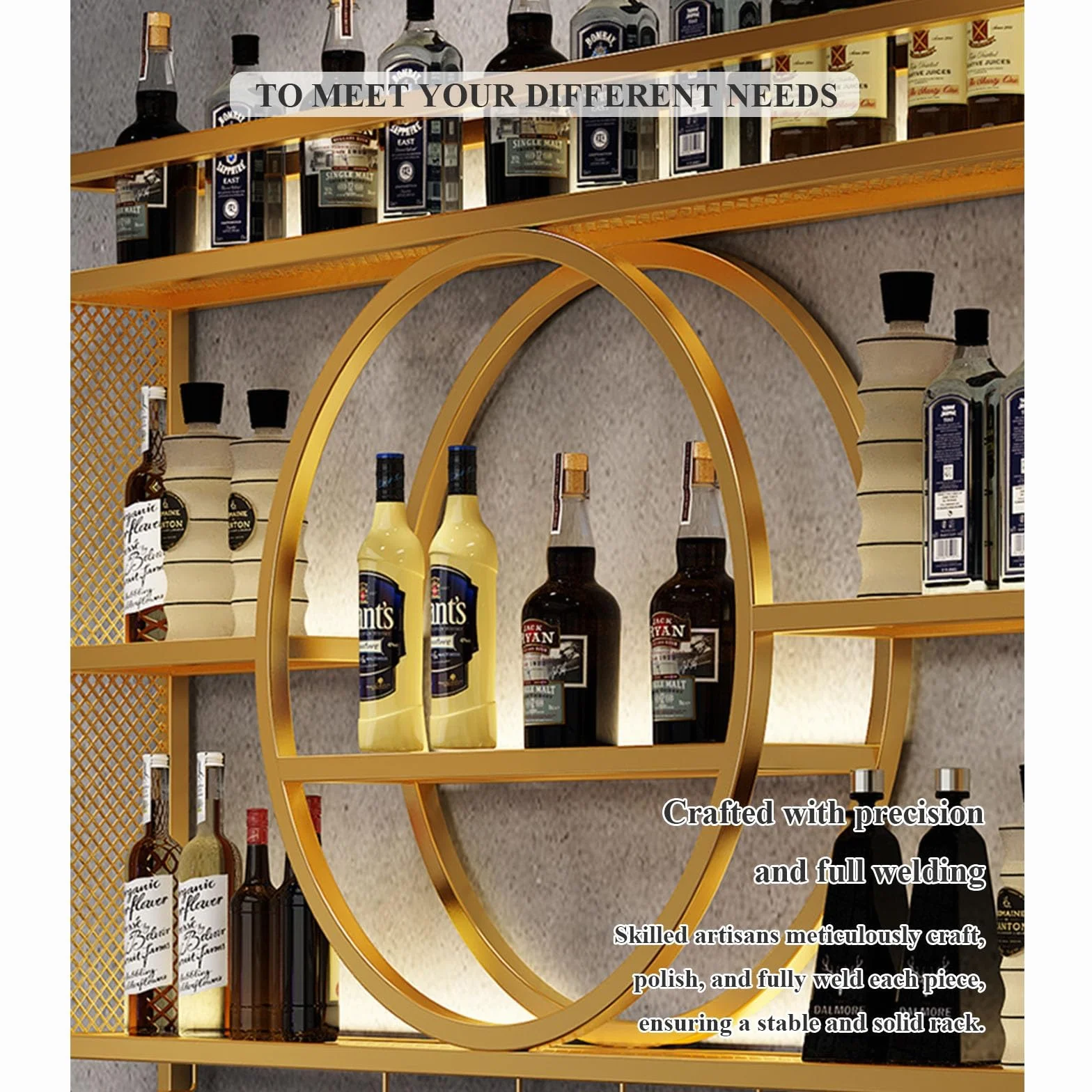 Upgrade Metal Wine Rack Wall Mounted Bar Shelves Wall Mounted With LED Light Iron Wine Shelf With Wine Glass Holder Wall Wine Racks,Bar Shelves For Liquor Bottles For Kitchen Living Room(Black,47.2in/