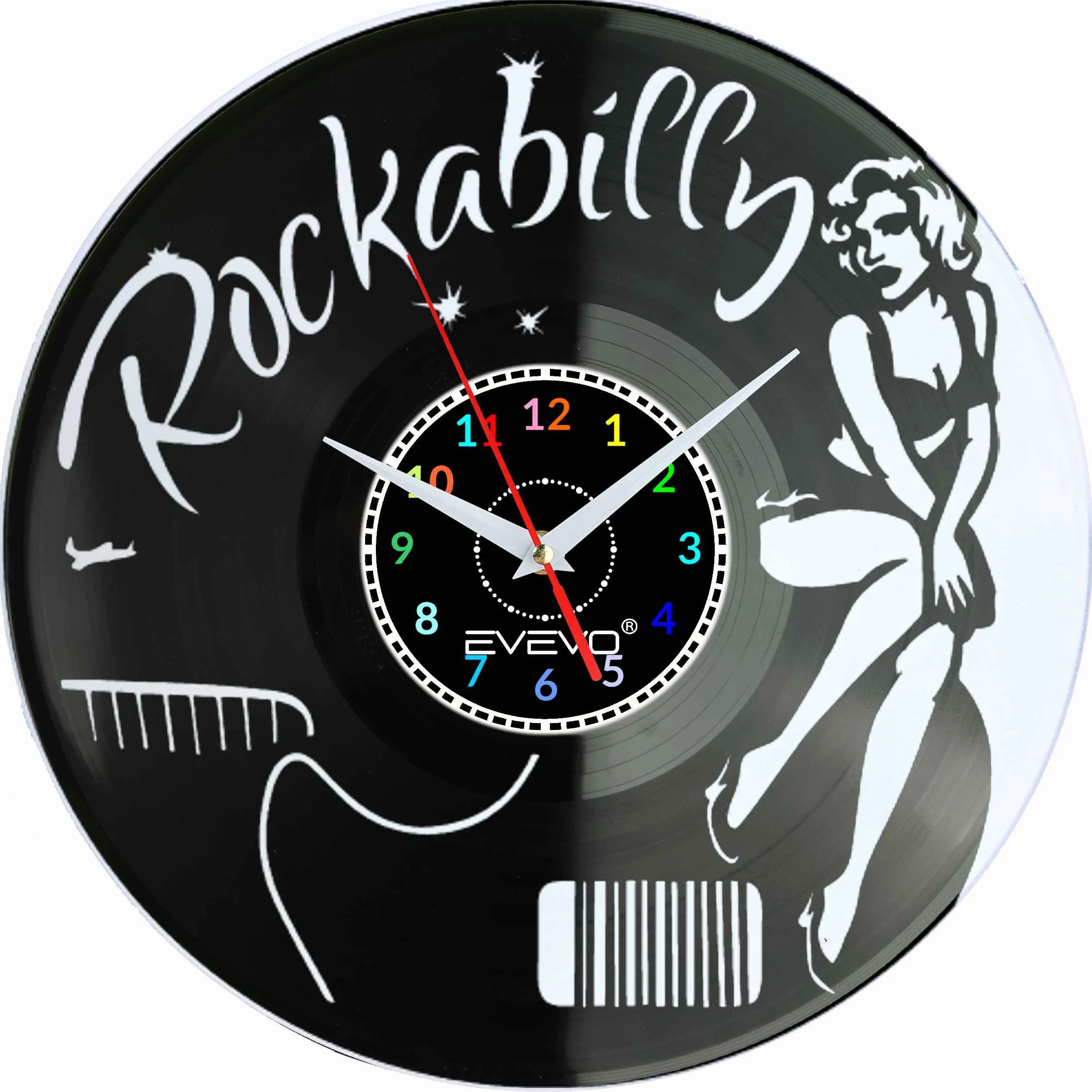 ZEGAR ŚCIENNY ROCKABILLY ROCK 'n' ROLL FLUORESCENCYJNE TŁO PŁYTA WINYLOWA PREZENT UPOMINEK URODZINY EVEVO F0017