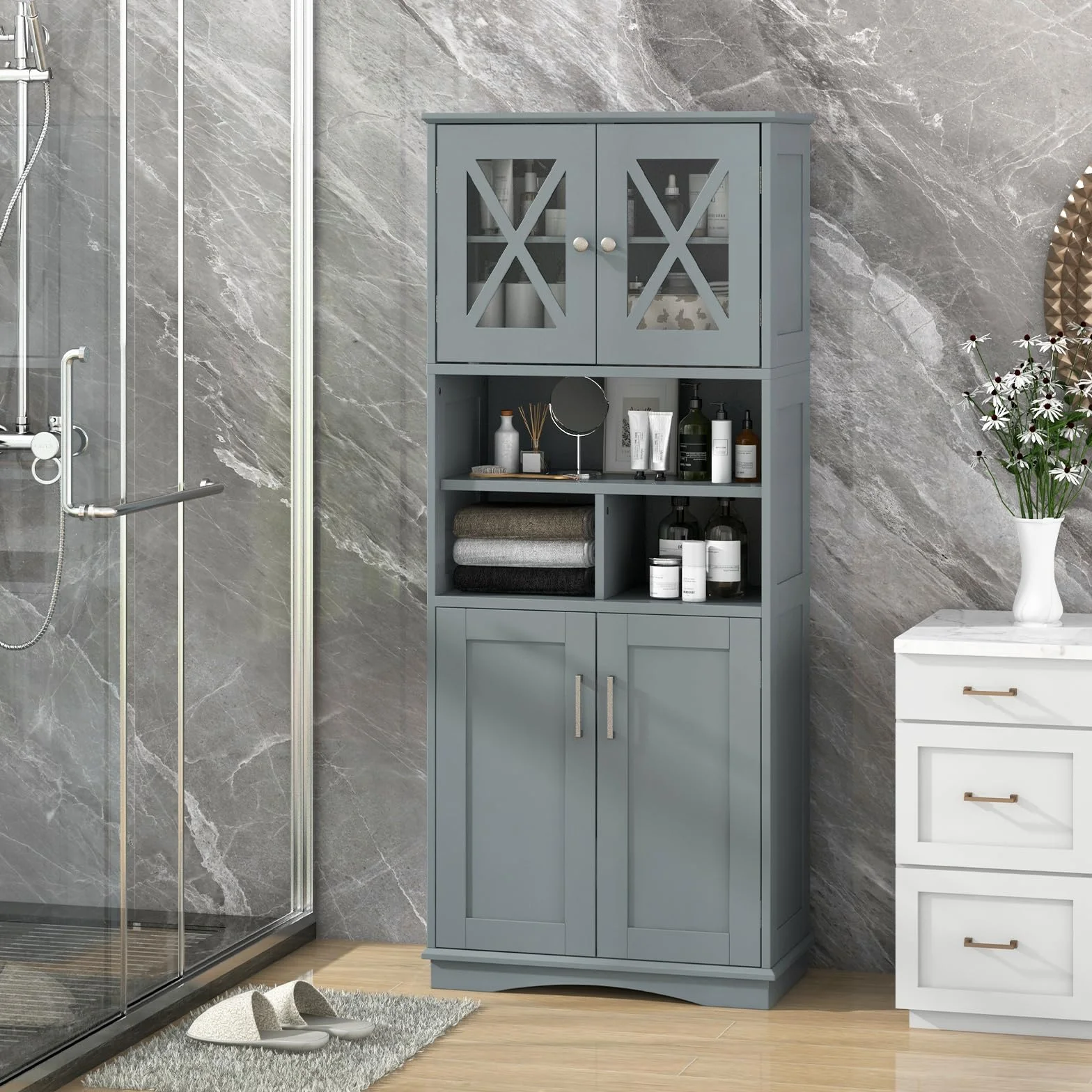COSTWAY Szafka łazienkowa, wysoka szafka łazienkowa z 3 regulowanymi półkami i 4 drzwiami, drewniana szafka do przechowywania, do łazienki, salonu i kuchni, 60 x 30 x 145 cm (szara)