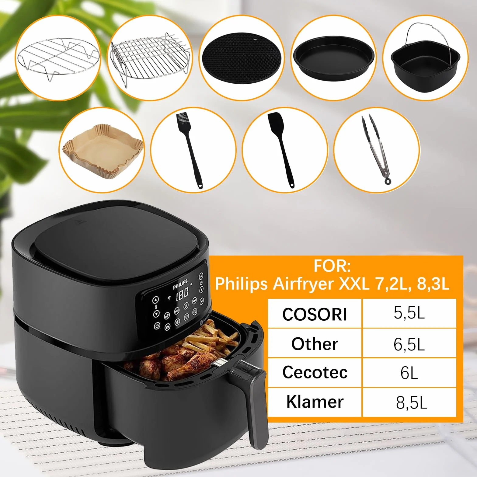 Zestaw 9 akcesoriów do frytownic na gorące powietrze do COSORI Turboblaze 5,5L i Philips XXL 7,2L, 8,3L, do Tefal 6,5L, Cecotec 6L, Klamer 8,5L