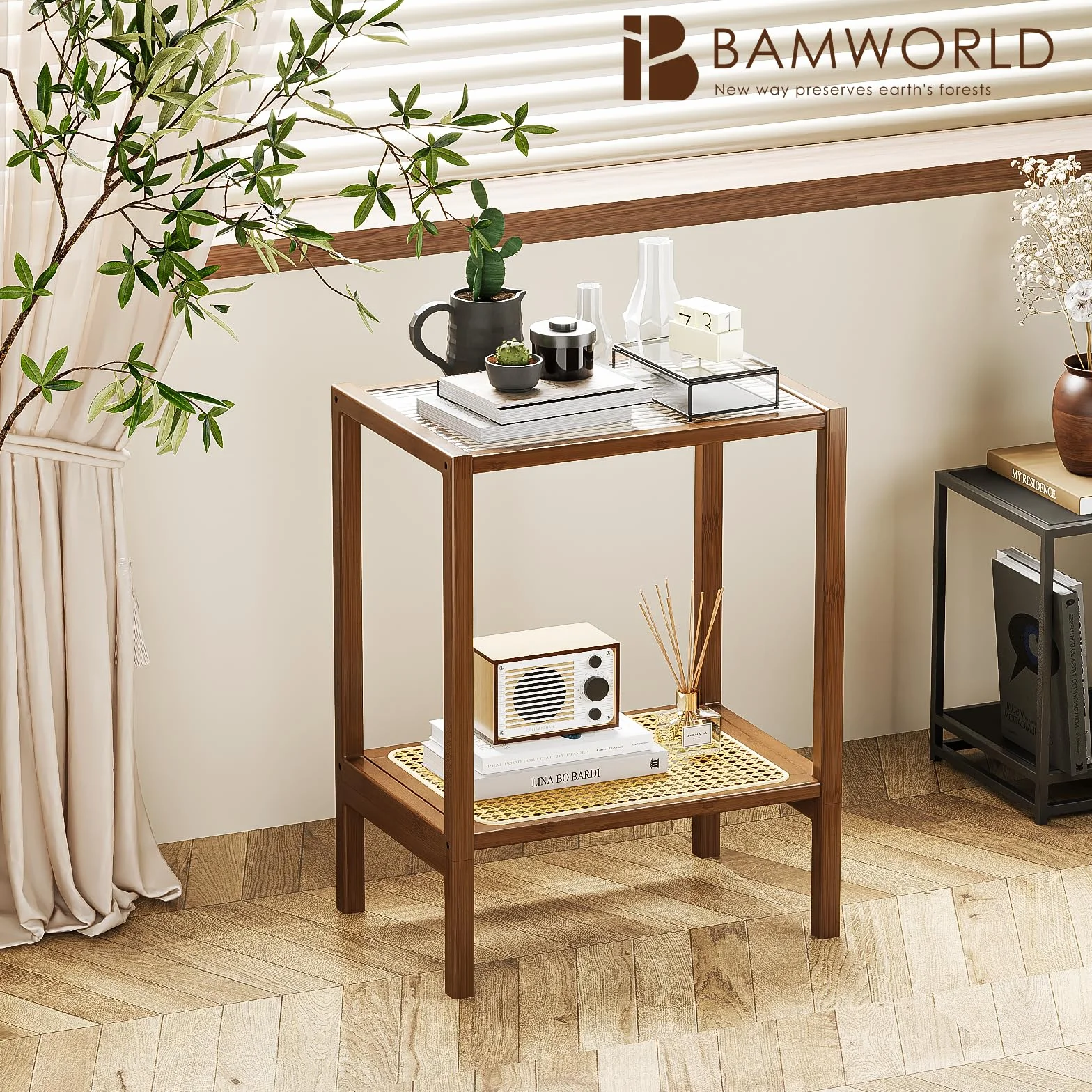 Bamworld Stolik pomocniczy, rattanowy stolik nocny, do małych przestrzeni, sypialni, salonu, szkło rattanowe, bambusowy, stolik nocny, 2-poziomowy, z miejscem do przechowywania, boho