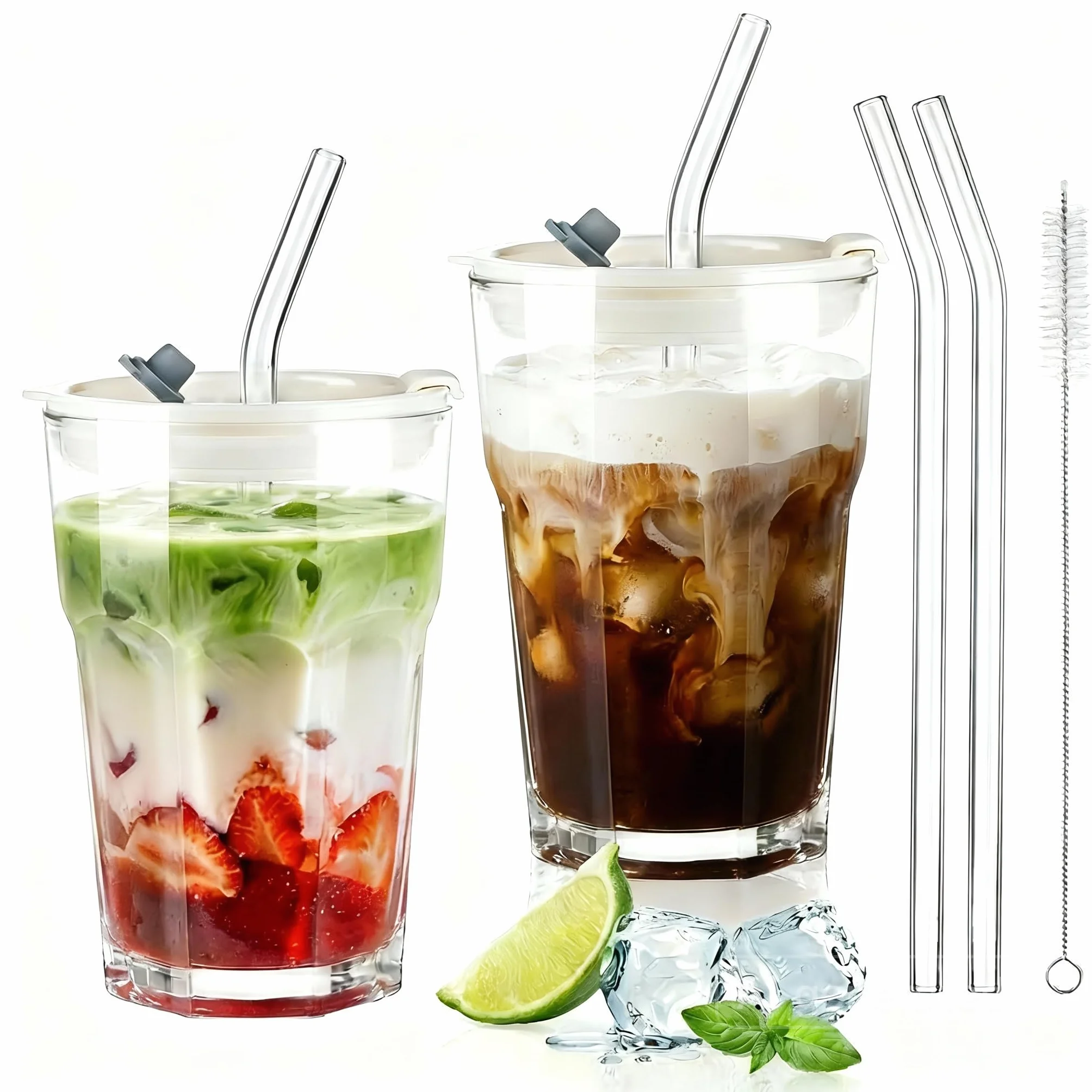 ecooe 430 ml żebrowane szklane kubki z pokrywką i słomką, 2 sztuki, szklane kubki do smoothie, mrożonej kawy, hermetyczne, wodoodporne szklanki do kawy, szklanki do picia soku matcha latte, mleka