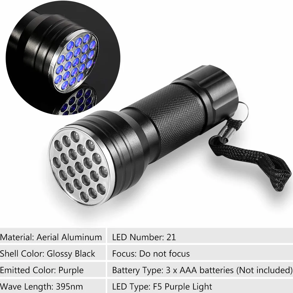 Latarka UV Ultraviolet Flashlight 21 LED Blacklight Lamp, Portable for Pet Mocz Detection, Stain Finder on Clothes, Carpet, Rugs, Floor