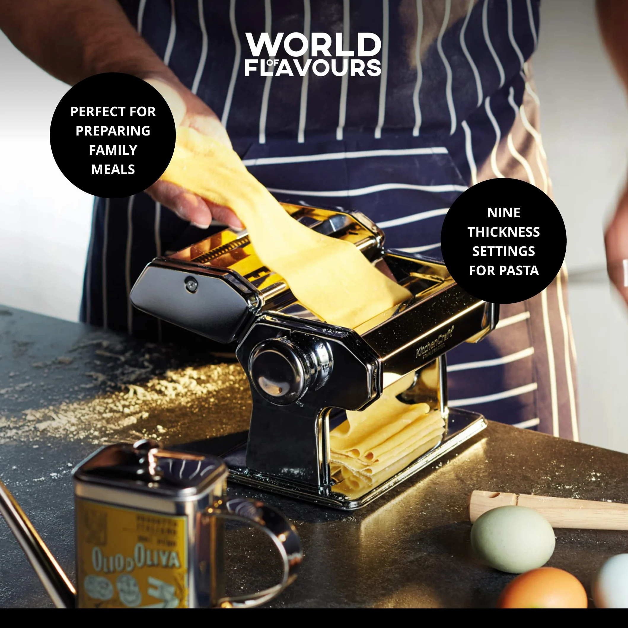 KitchenCraft World of Flavours maszynka do makaronu, ręczna maszyna do makaronu z 9 regulowanymi grubościami, włoska podwójna krajalnica Deluxe, stal nierdzewna