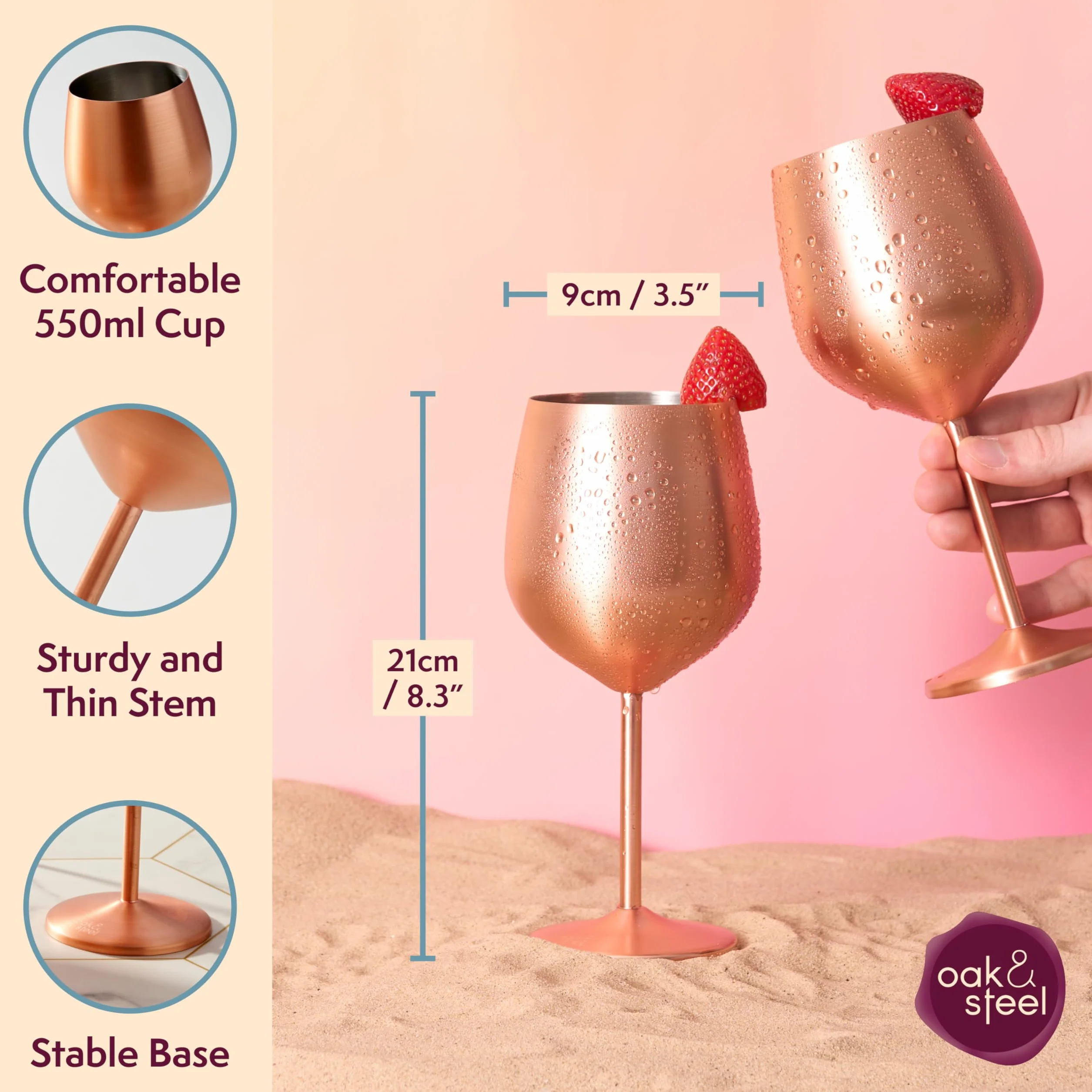 Oak & Steel - 4 Kieliszki do Wina ze Stali Nierdzewnej z Pudełkiem na Prezenty, Matowe Różowe Złoto 540ml - Eleganckie, Wytrzymałe i Nietłukące - Zestaw Upominkowy na Specjalne Okazje