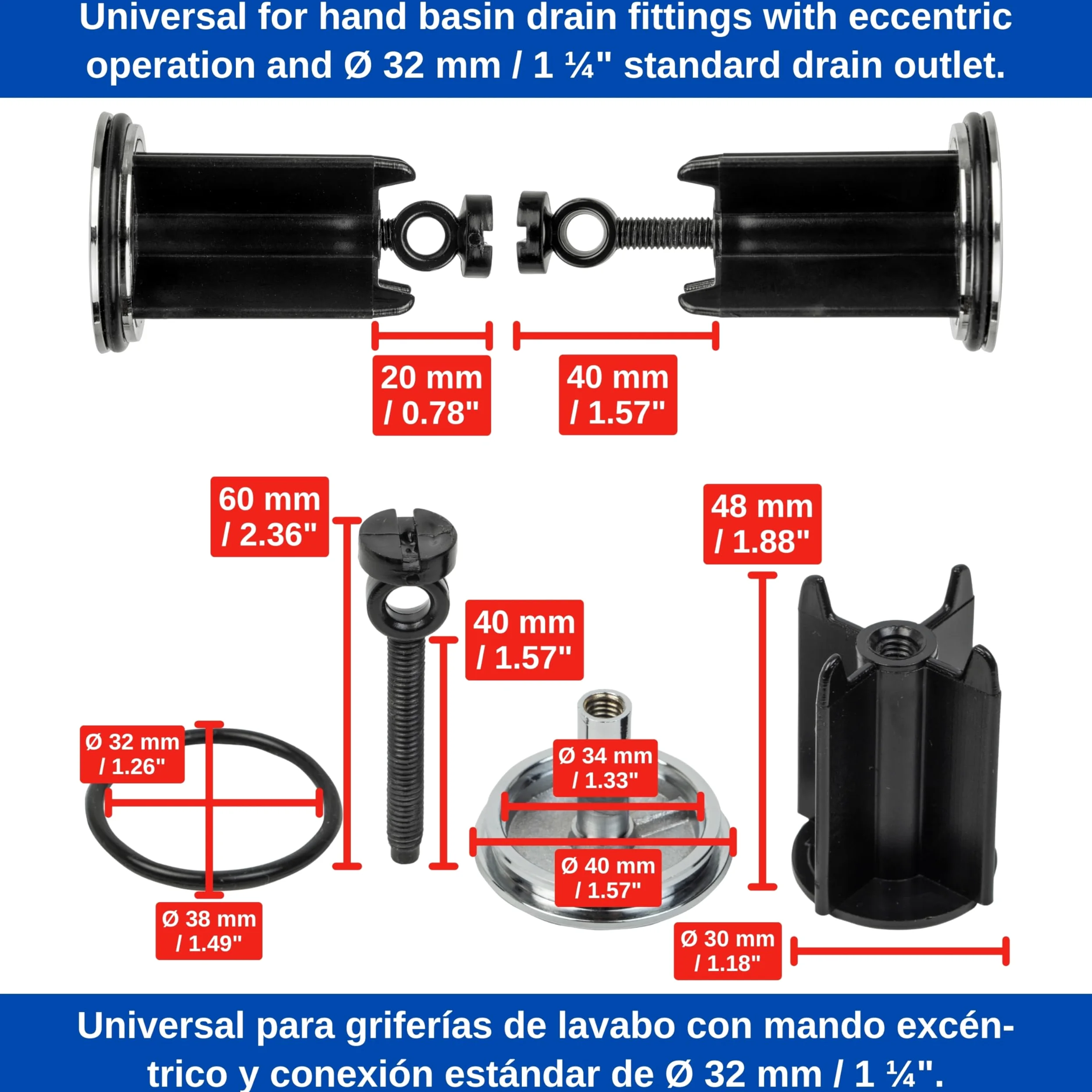 Mosiężny korek do umywalki, średnica górna: 40 mm, chromowane wykończenie, z pokrętłem mimośrodowym, regulowany 20-40 mm, do umywalki łazienkowej