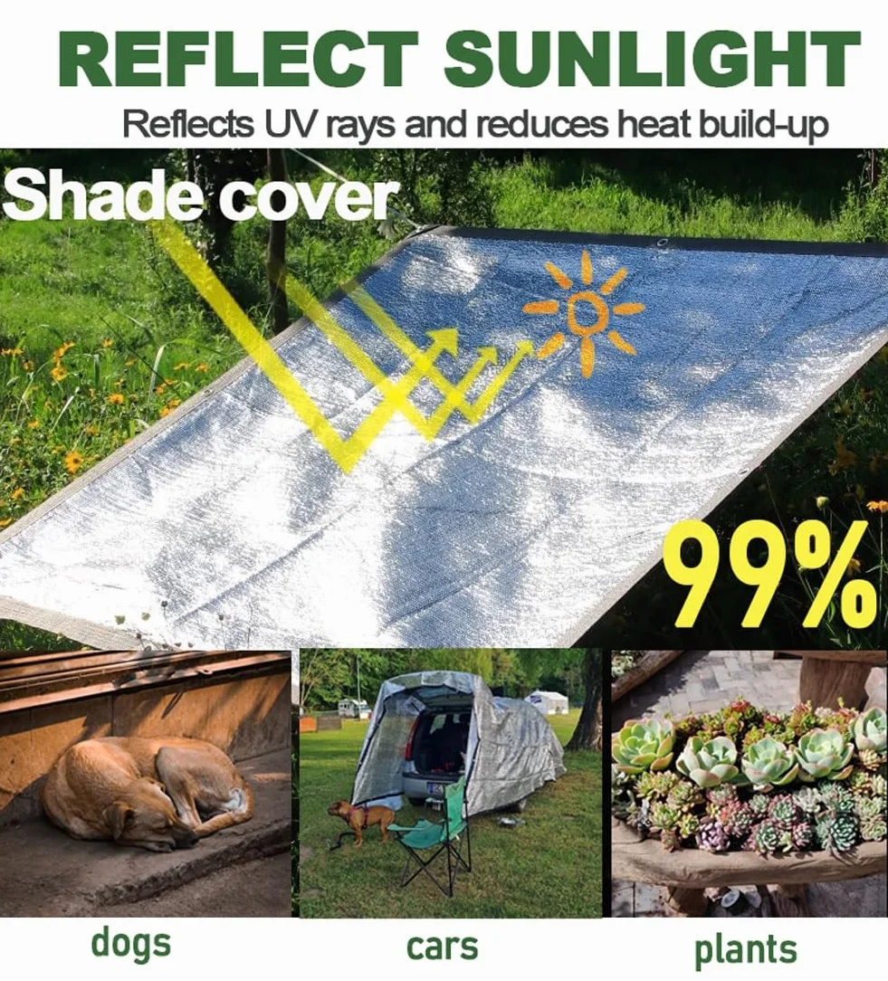 Aluminiowa tkanina zacieniająca 99%, trwała osłona przeciwsłoneczna siatka plandeka z przelotkami, odblaskowa plandeka chroniąca przed słońcem tkanina do samochodów, psów, roślin i mebli ogrodowych