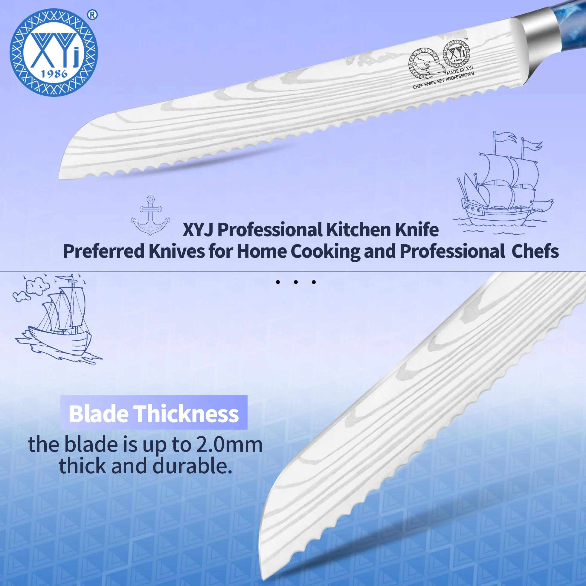 XYJ Bread Knife 8 Inch,Stainless Steel,Serrated Blade Knife,Laser Damascus Pattern Serrated Bread Knife With Sheath Case,Resin Handle for Women Men