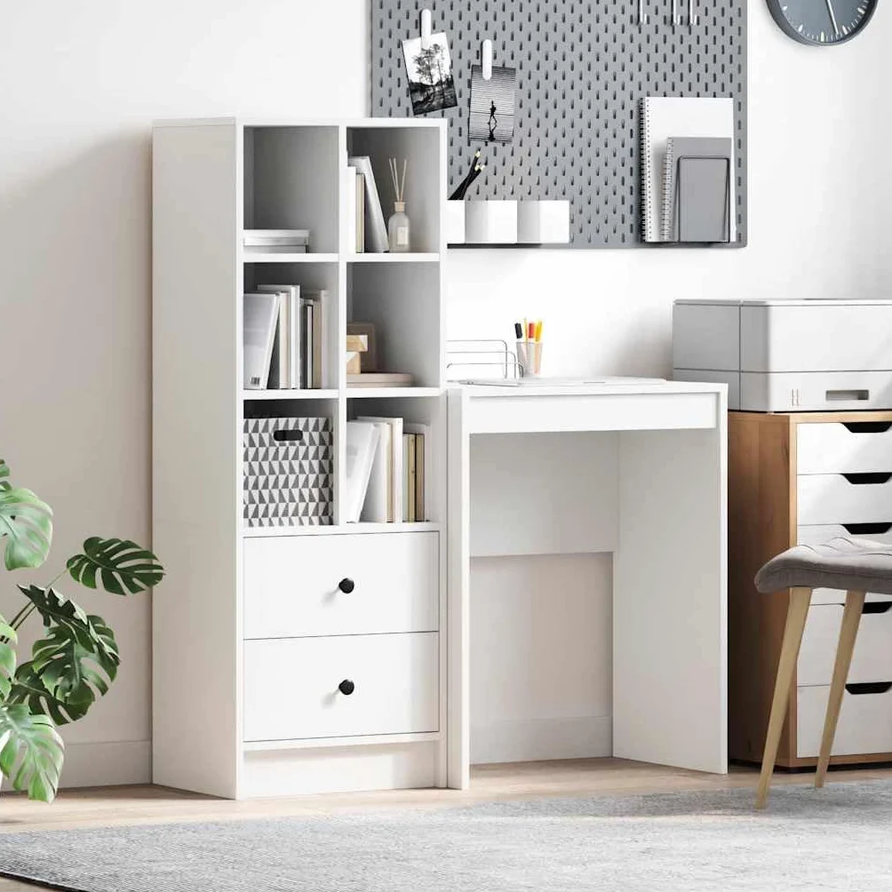 Biurko z szufladami z materiału drewnopochodnego, białe, 2-częściowe, 105,5 x 34 x 127 cm, nowoczesne biurko komputerowe do gabinetu i gier, trwałe, duży stół do biura i domu
